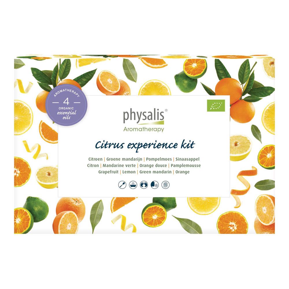 Boîte avec agrumes et feuilles. Texte: Physalis, Citrus experience kit, 4 huiles essentielles bio. Label bio.
