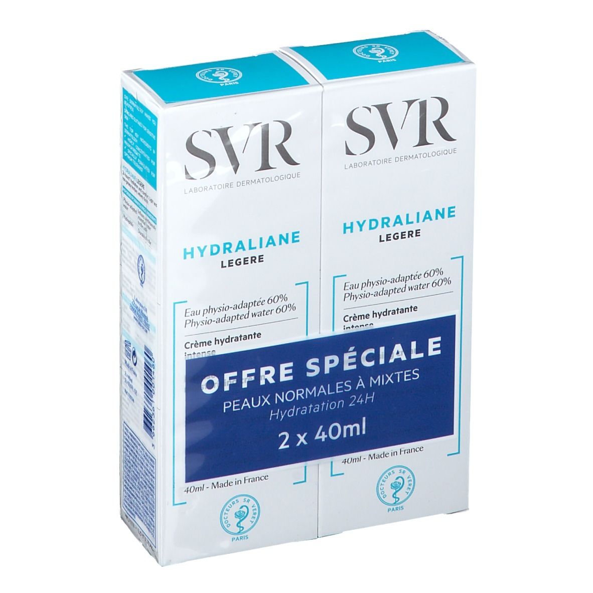 Duopack SVR Hydraliane Légère. Blauw-witte verpakking. Tekst: Offre Spéciale, Peaux normales à mixtes, Hydratation 24H.