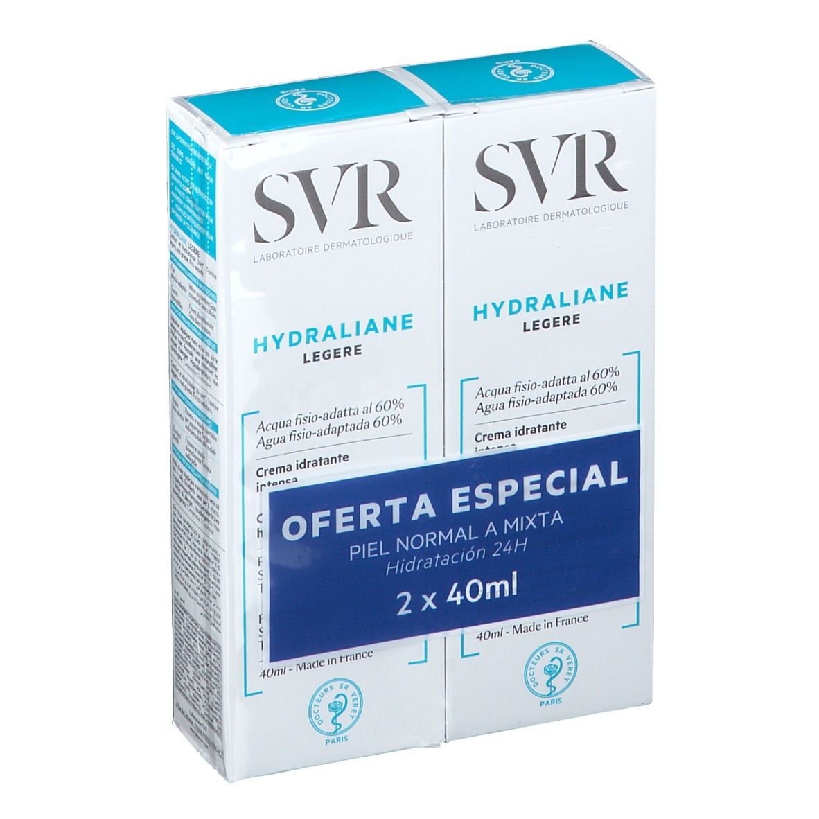 Duopack SVR Hydraliane Légère. Blauw-witte verpakking. Tekst: Oferta Especial, Piel normal a mixta, Hidratación 24H.