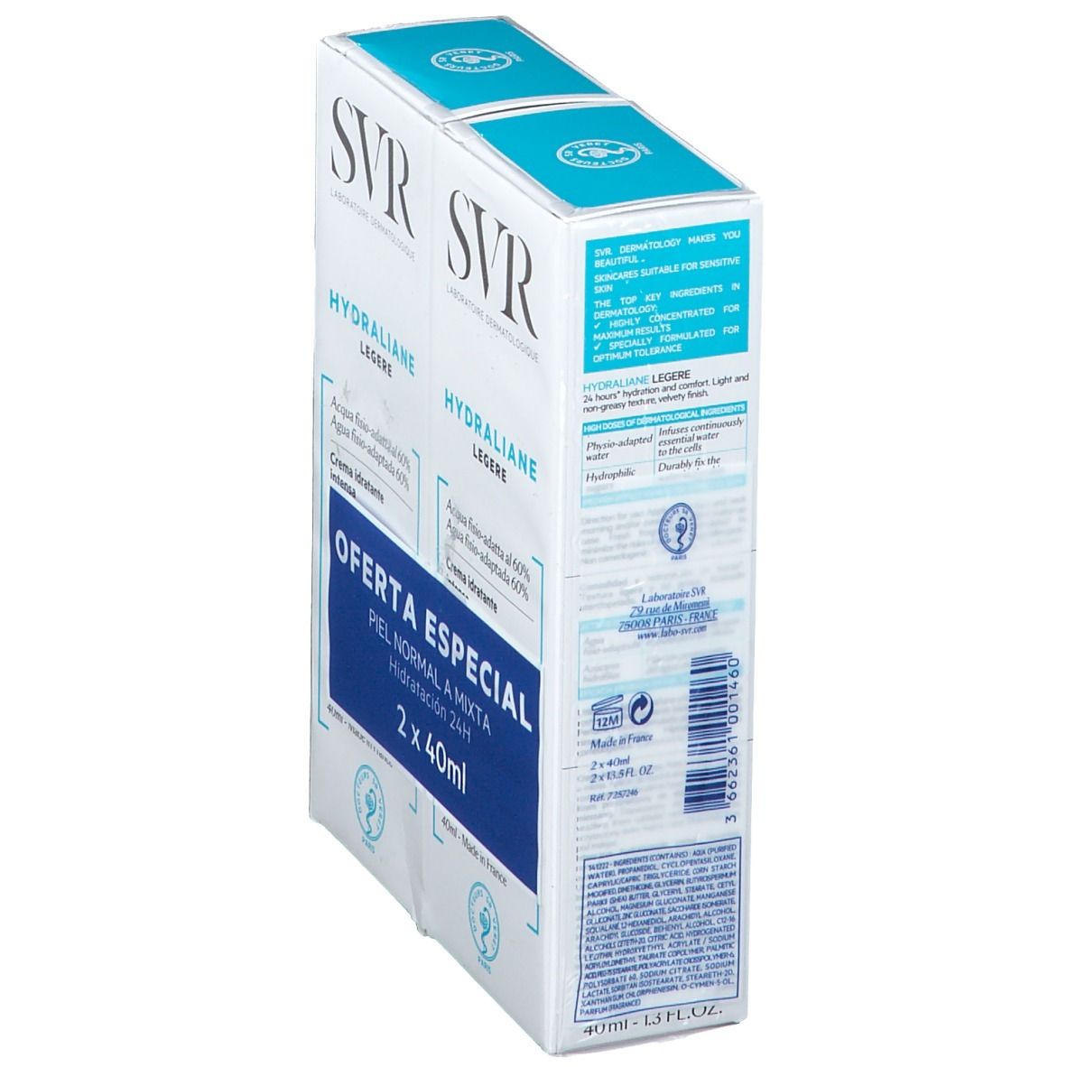 Duopack SVR Hydraliane Légère. Blauw-witte verpakking. Tekst: Oferta Especial, Piel normal a mixta, Hidratación 24H. Zijaanzicht.