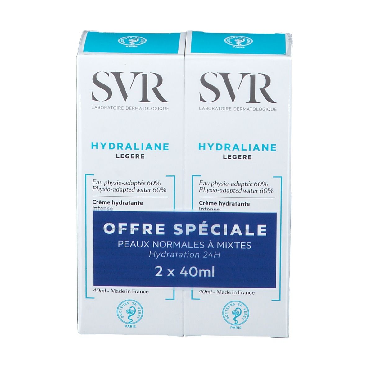 Duopack SVR Hydraliane Légère. Blauw-witte verpakking. Tekst: Offre Spéciale, Peaux normales à mixtes, Hydratation 24H.