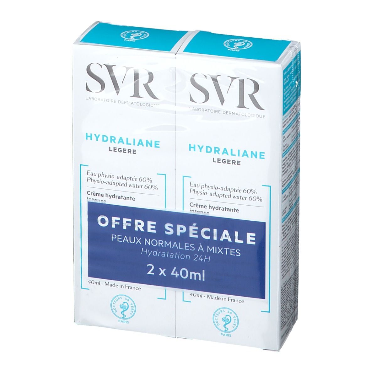Duopack SVR Hydraliane Légère. Blauw-witte verpakking. Tekst: Offre Spéciale, Peaux normales à mixtes, Hydratation 24H.