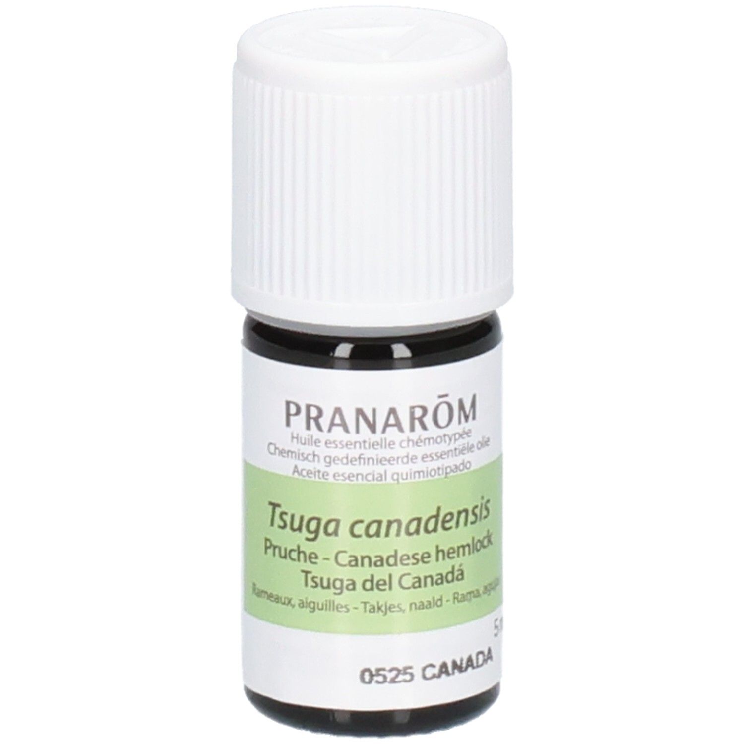 Donkerbruine glazen fles met witte schroefdop. Etiket met "PRANAROM Tsuga canadensis".