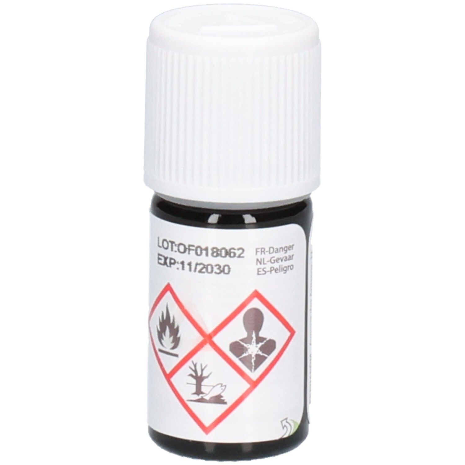 Kleine bruine glazen fles met witte schroefdop. Bevat gevaarsymbolen en lot-/verloopdata.