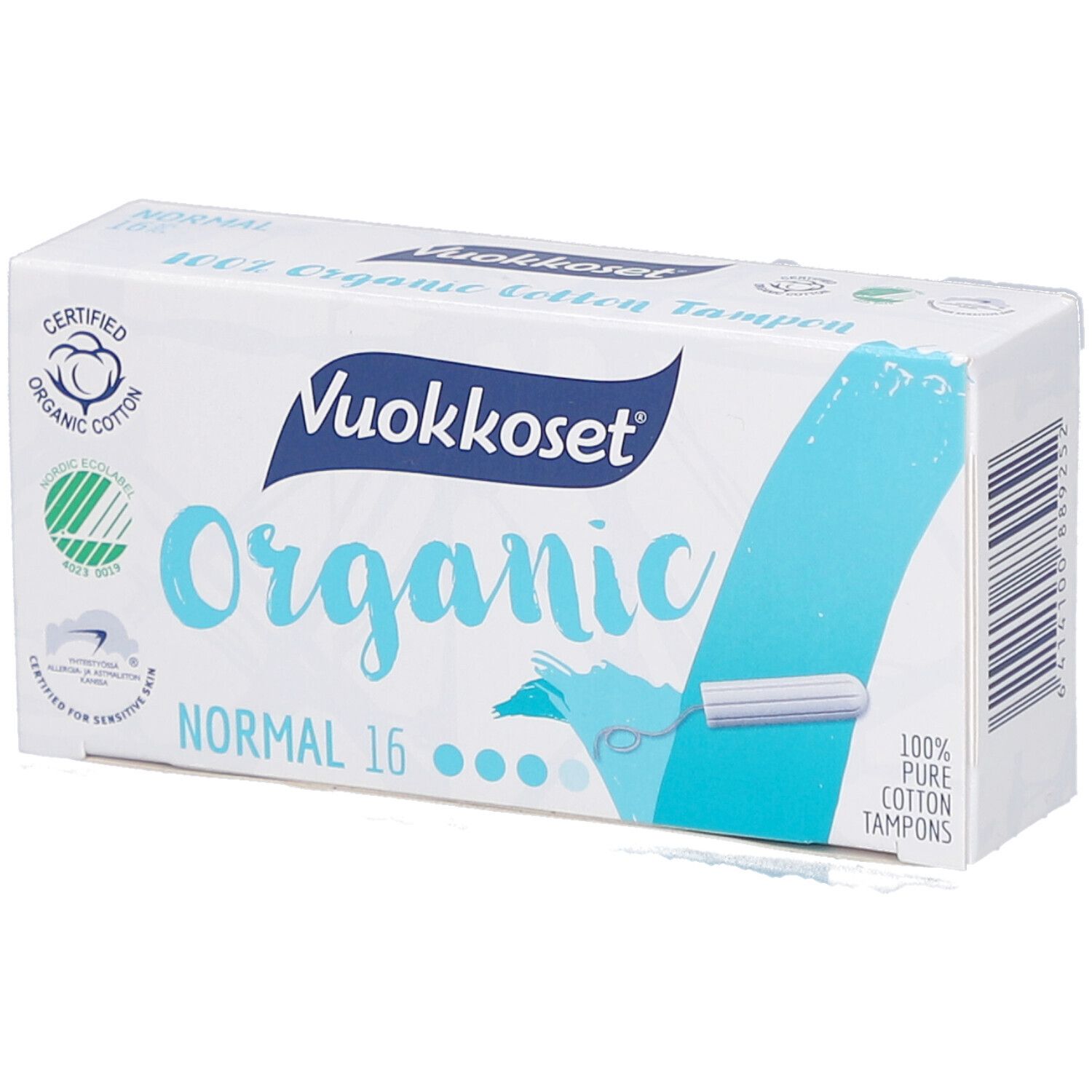 Witte doos Vuokkoset Organic tampons. Opschrift: Organic, Normal 16. Certificeringen: biologisch katoen, Nordic Ecolabel.