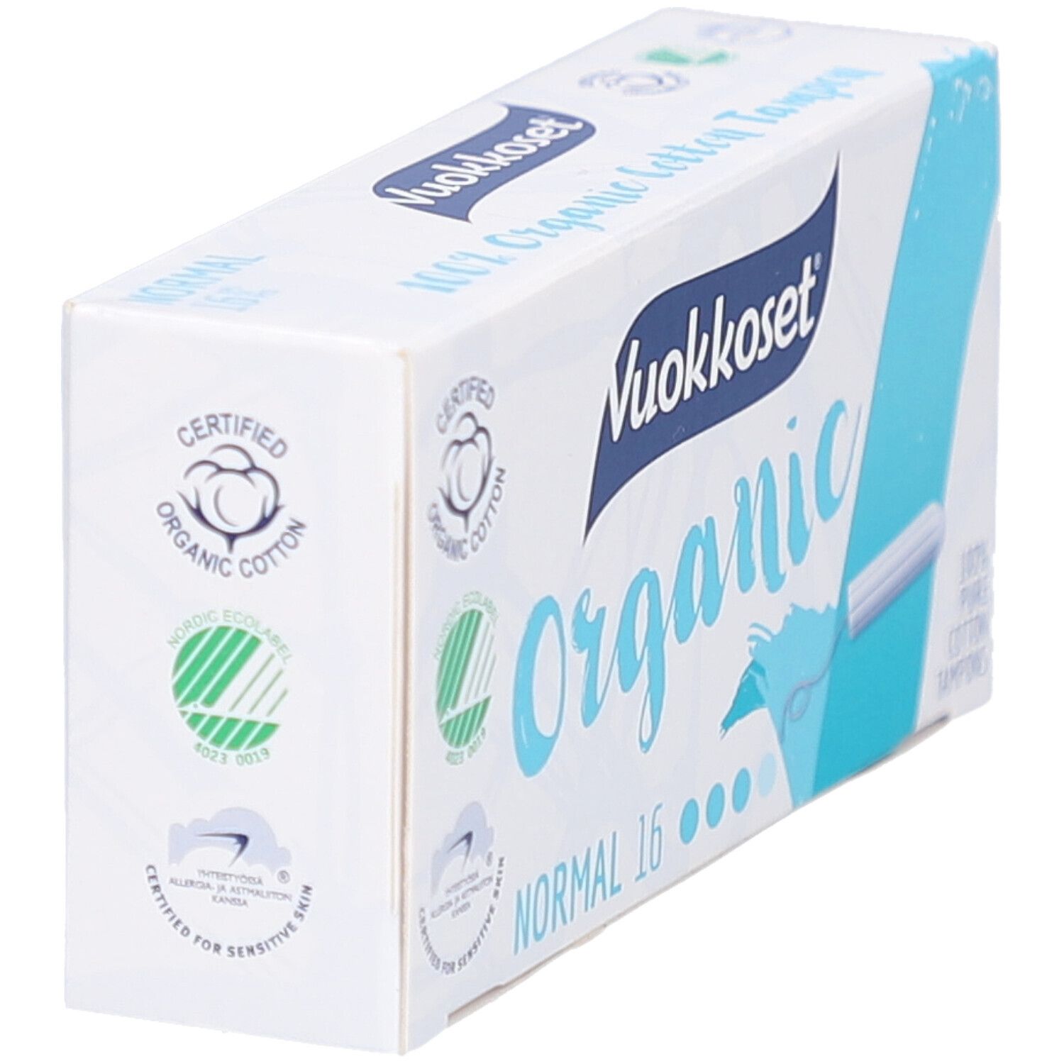 Schuine witte doos Vuokkoset Organic tampons. Opschrift: Organic, Normal 16. Certificeringen: biologisch katoen, Nordic Ecolabel.