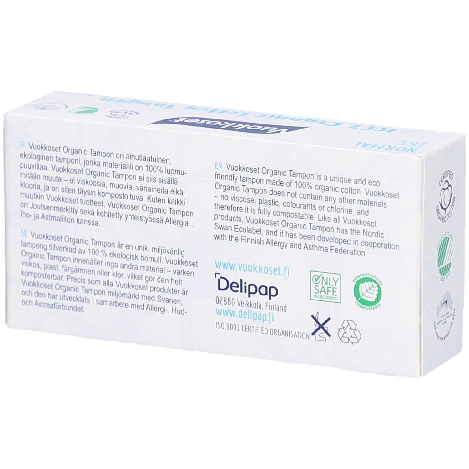 Achterkant verpakking Vuokkoset Organic tampons. Meertalige tekst. Logo's: Nordic Ecolabel, Only Safe, Astma- en Allergieverbond.