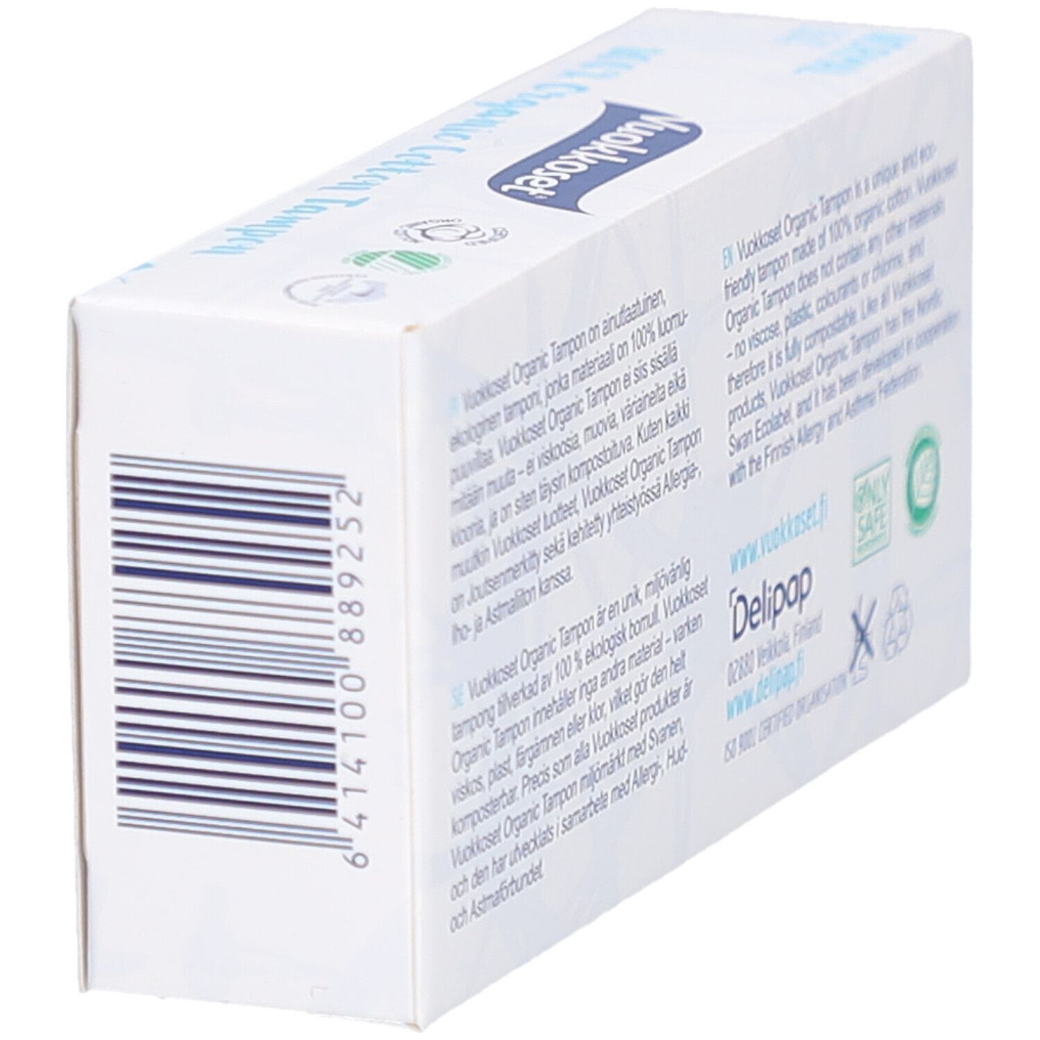 Doos Vuokkoset Organic tampons, achterkant. Streepjescode en tekst. Logo's: Nordic Ecolabel, Only Safe, Astma- en Allergieverbond.