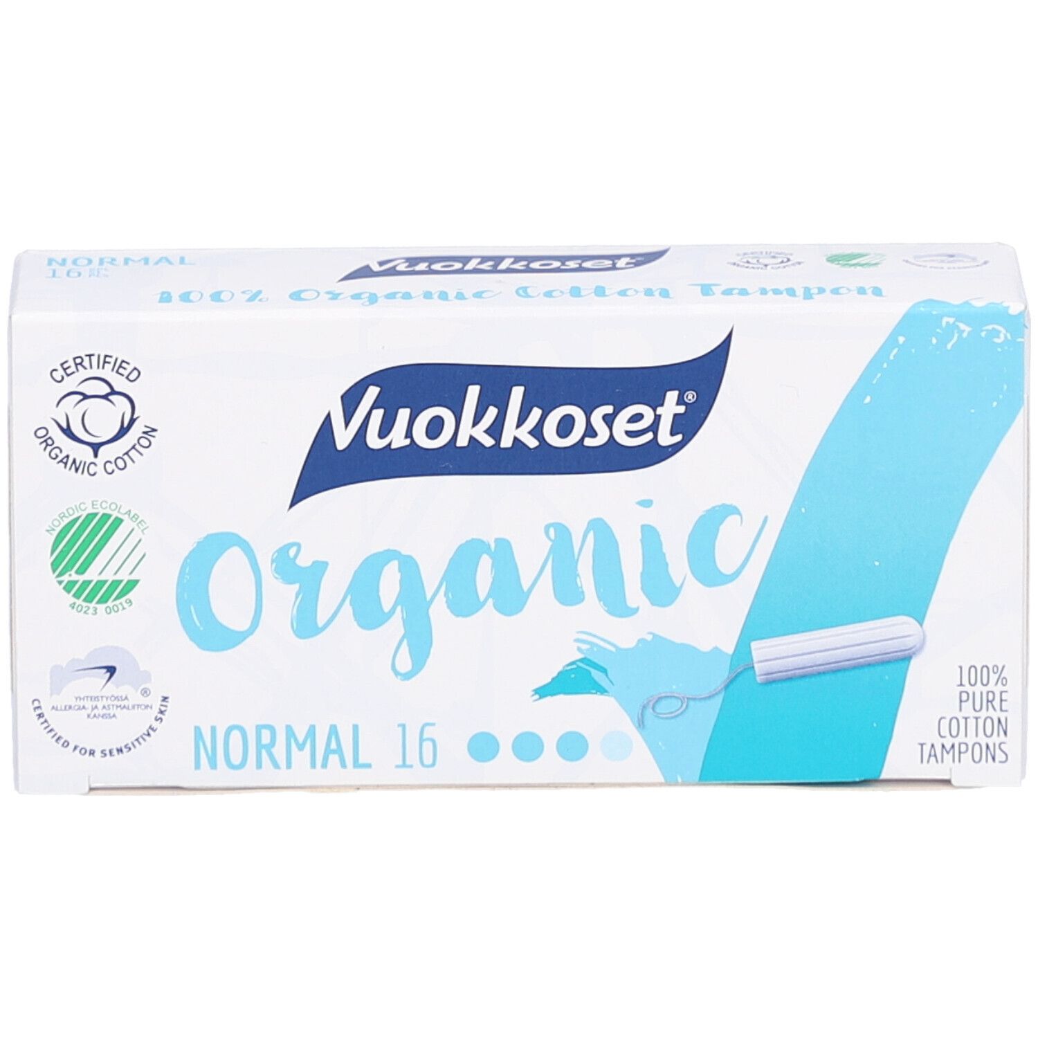 Verpakking Vuokkoset Organic tampons. Opschrift: Organic, Normal 16. Certificeringen: biologisch katoen, Nordic Ecolabel. Tampon illustratie.