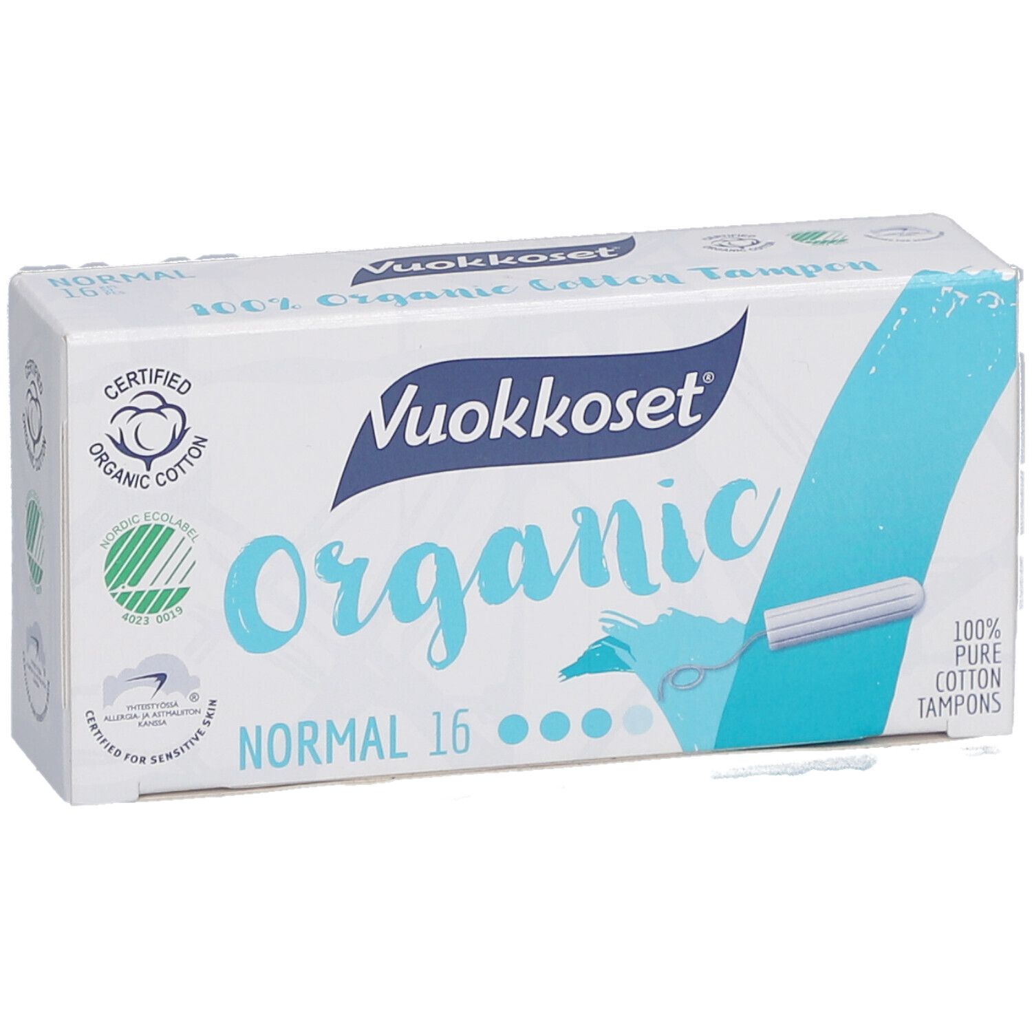 Verpakking Vuokkoset Organic tampons. Opschrift: Organic, Normal 16. Certificeringen: biologisch katoen, Nordic Ecolabel. Vooraanzicht.