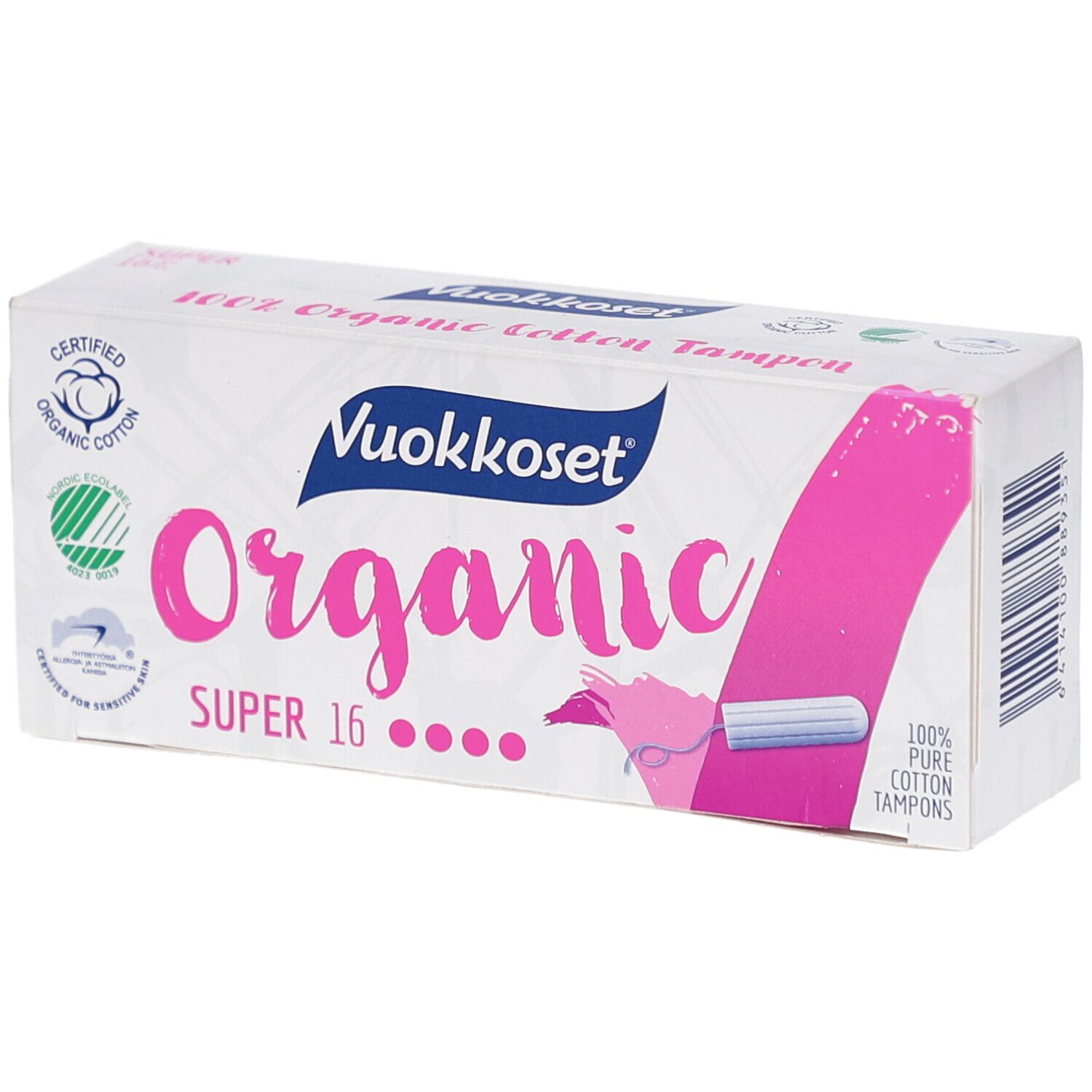 Witte doos Vuokkoset Organic tampons. Roze accenten. 16 stuks. Biologisch katoen. Certificeringen.