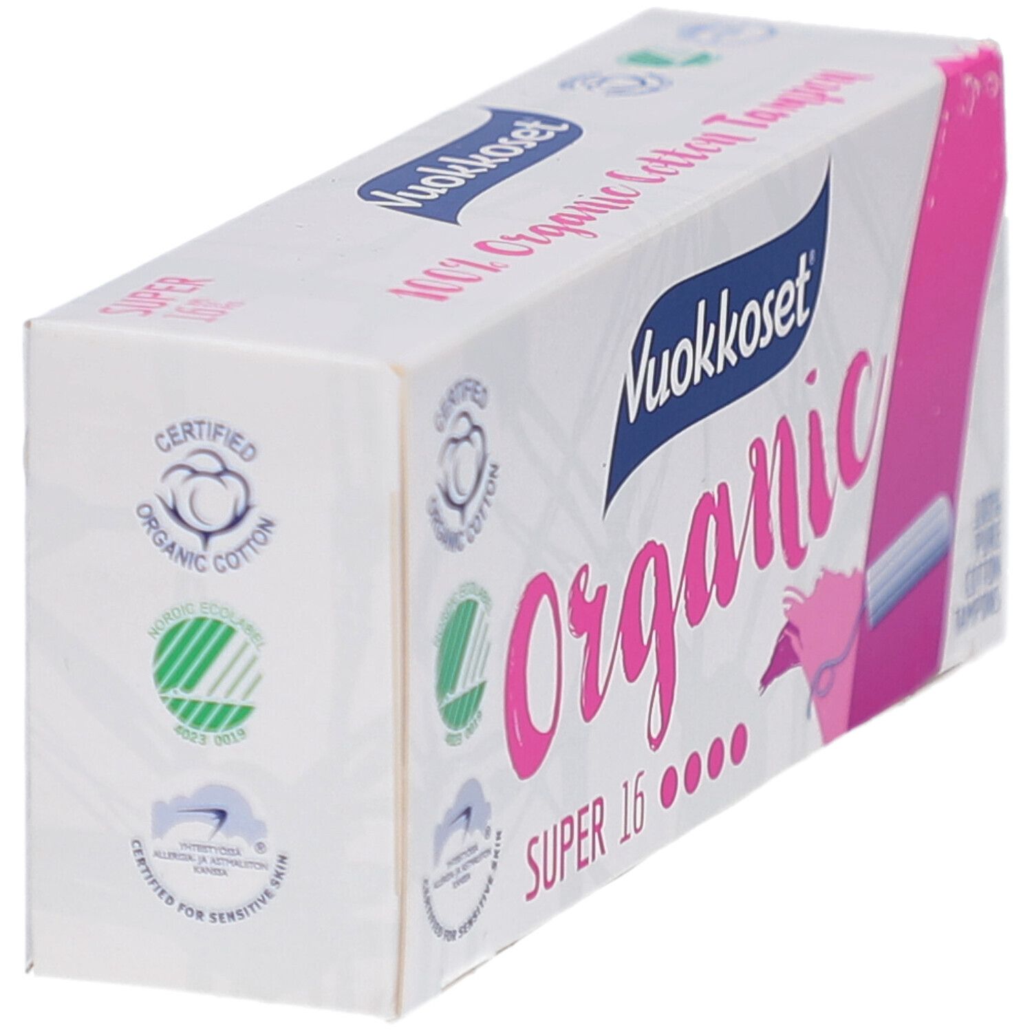 Verpakking Vuokkoset Organic tampons. Wit met roze accent. Biologisch katoen. Certificeringen. Zijkant.