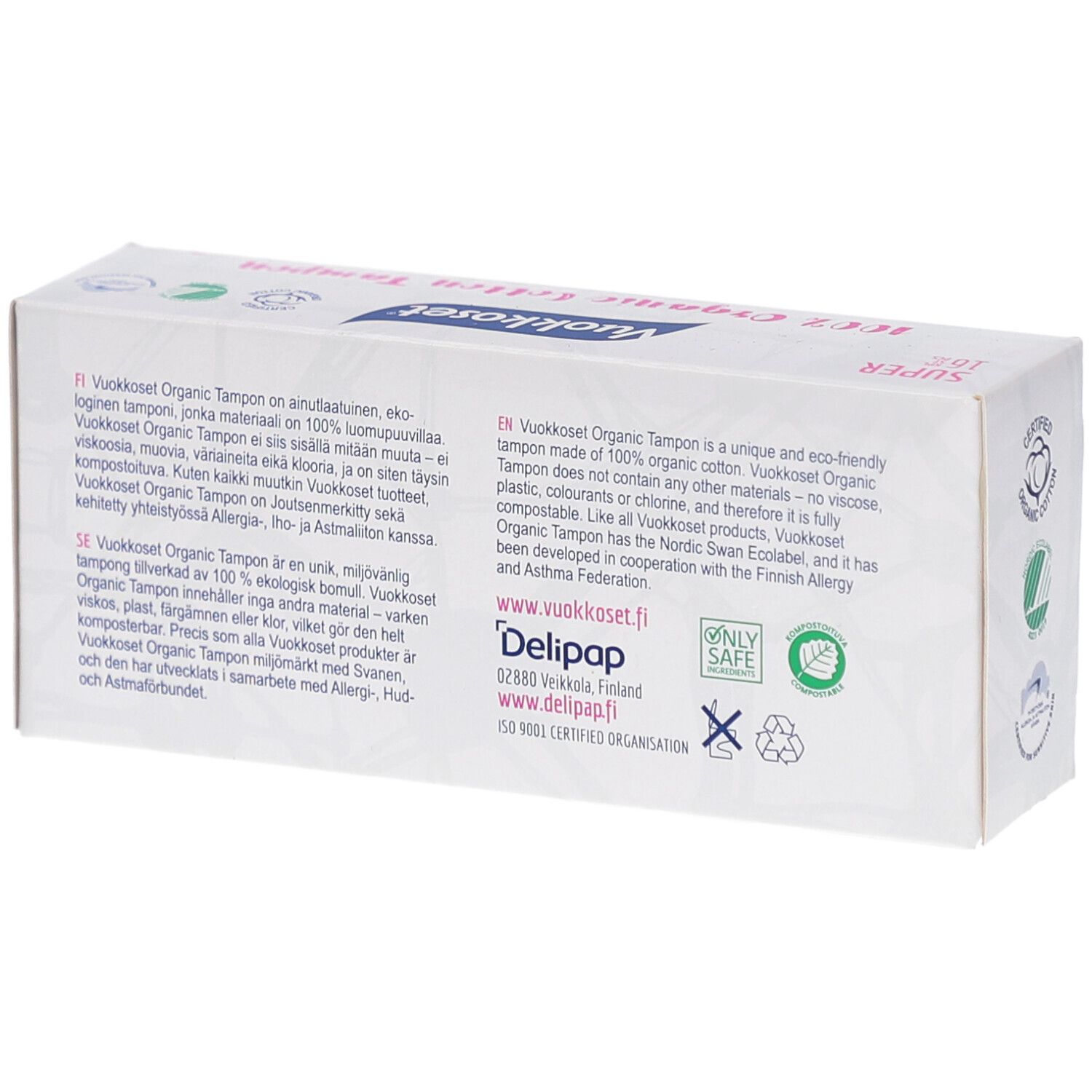 Achterkant verpakking Vuokkoset Organic tampons. Meertalige tekst. Certificeringen. Productinfo.