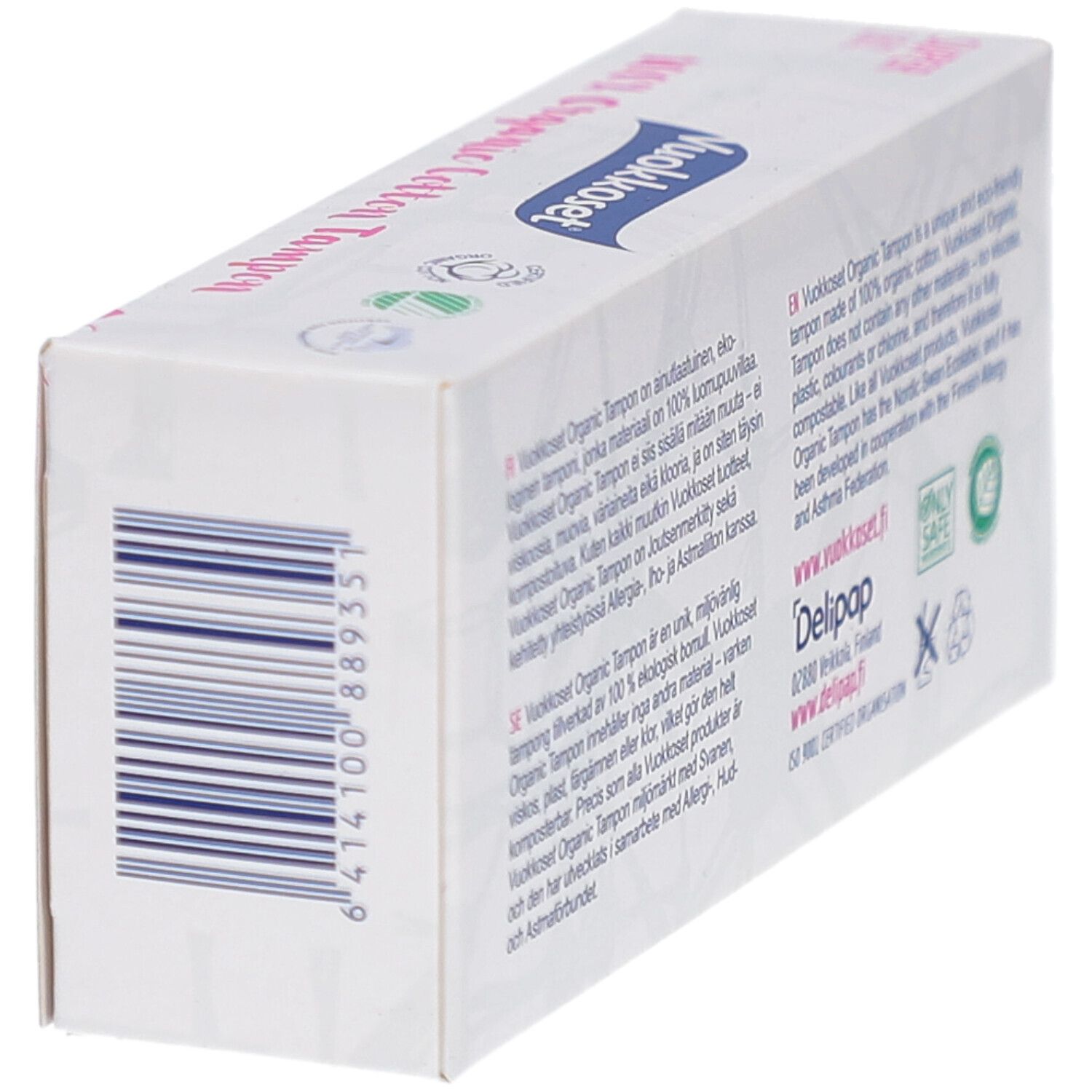 Verpakking Vuokkoset Organic tampons. Streepjescode. Tekst. Certificeringen. Zijkant.