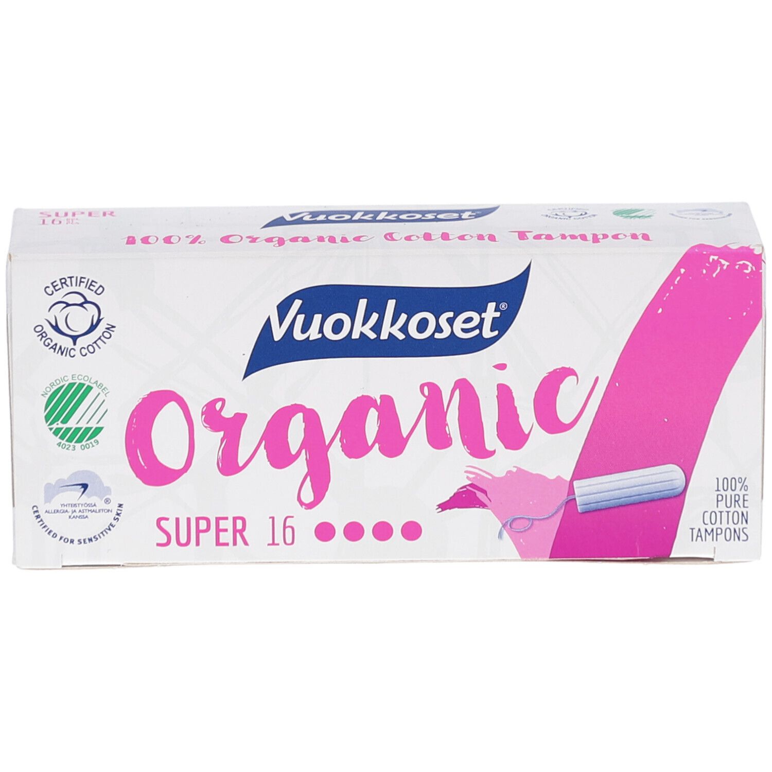 Doos Vuokkoset Organic tampons. 16 stuks. Biologisch katoen. Certificeringen. Vooraanzicht.