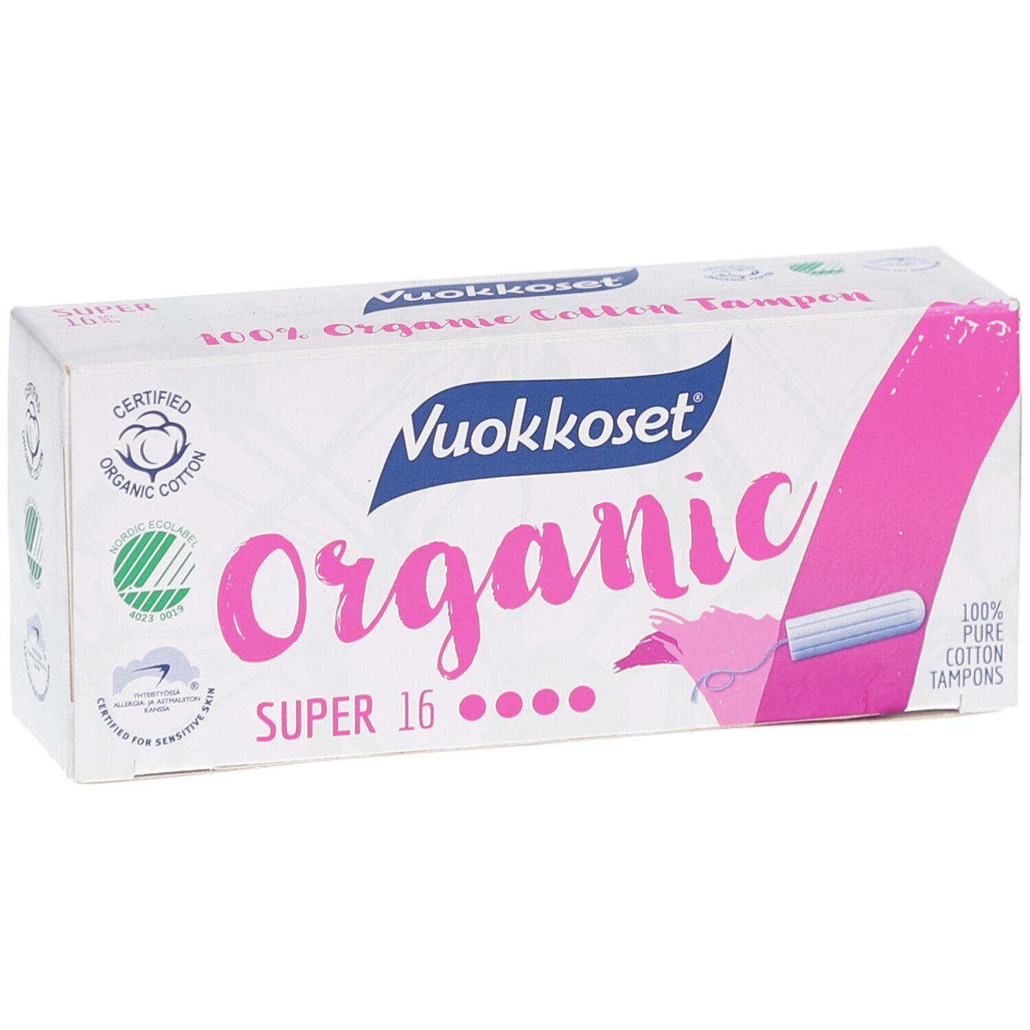 Doos Vuokkoset Organic tampons. 16 stuks. Biologisch katoen. Certificeringen. Vooraanzicht.