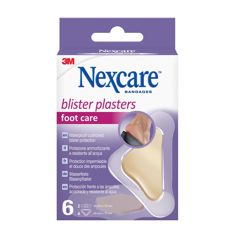 Verpakking Nexcare blarenpleisters. Zes pleisters, twee maten. Waterdicht, dempend.