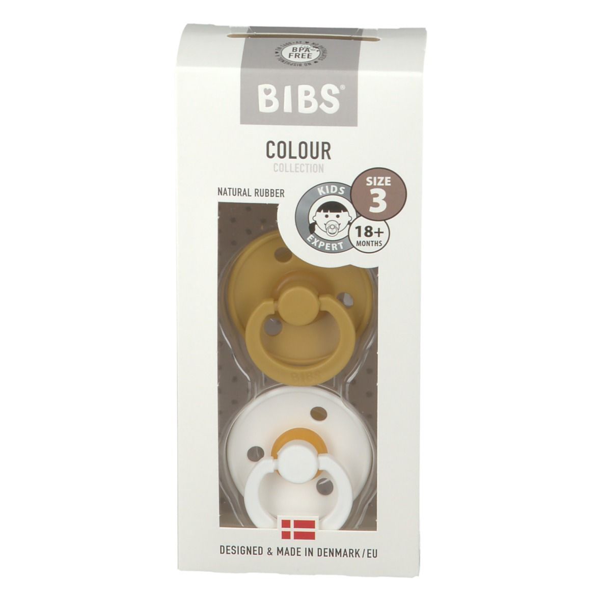 BIBS sucettes moutarde et blanc, lot de 2, taille 3 (18+ mois), dans emballage. Caoutchouc naturel, sans BPA.