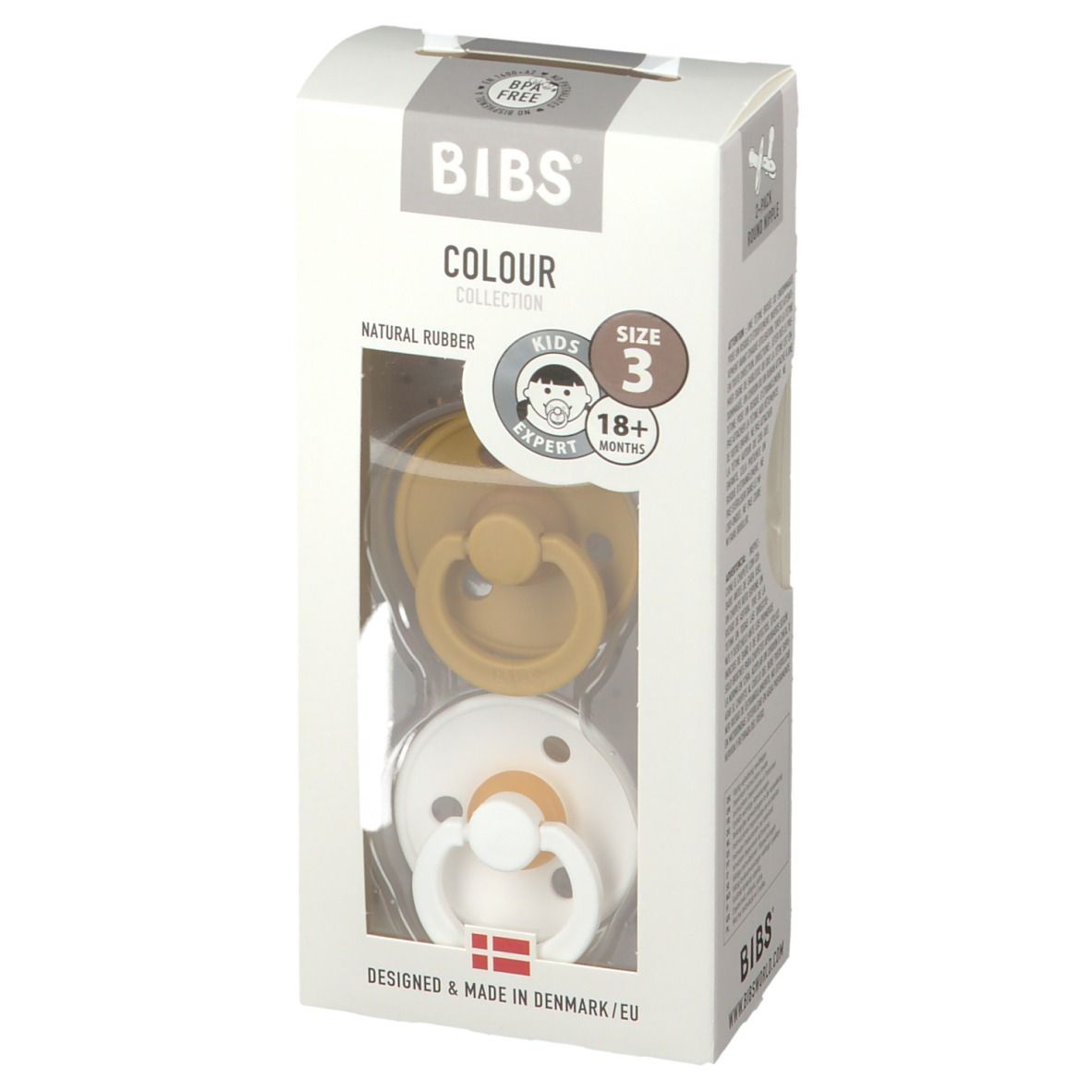 BIBS sucettes moutarde et blanc, lot de 2, taille 3 (18+ mois), dans emballage. Caoutchouc naturel, sans BPA.