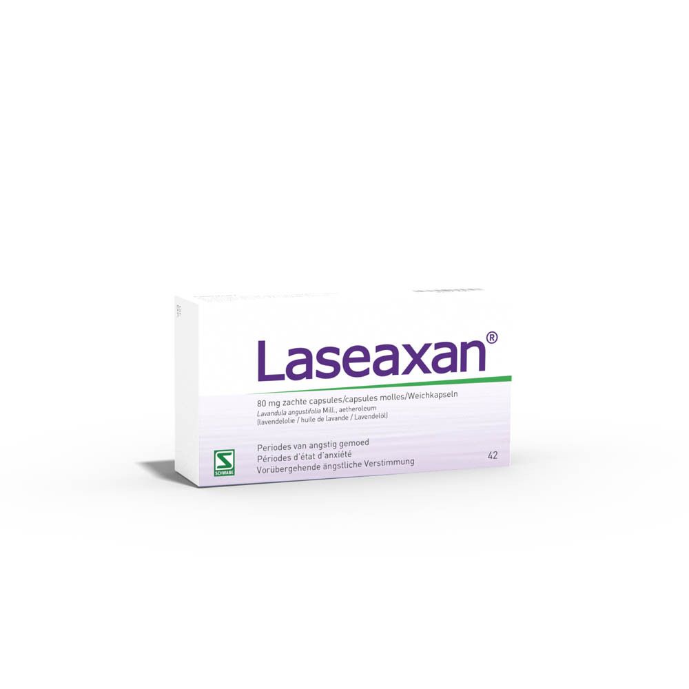 Laseaxan® verpakking met 42 zachte capsules, 80 mg. Bevat lavendelolie voor angstklachten.