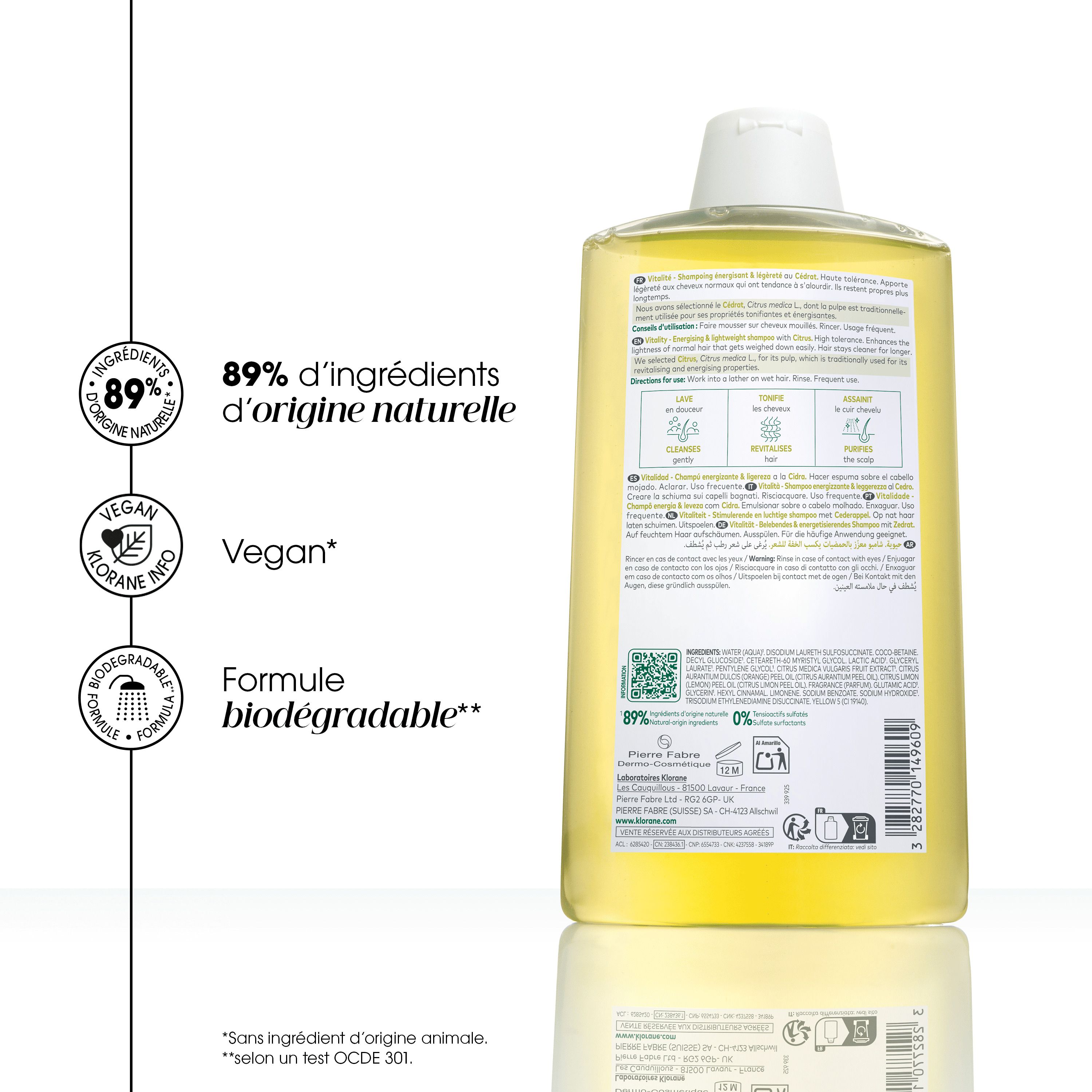 Dos du flacon de shampooing Klorane. Texte et informations sur étiquette blanche.