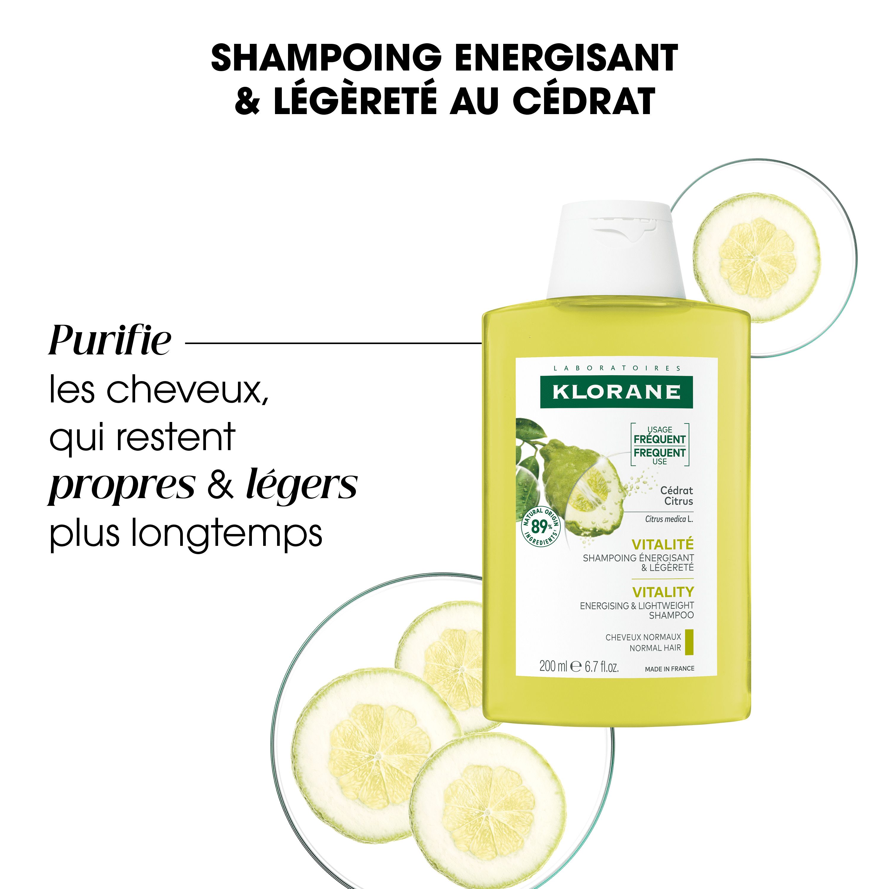 Flacon de shampooing KLORANE jaune au cédrat. Bouchon blanc. 86% d'ingrédients naturels.