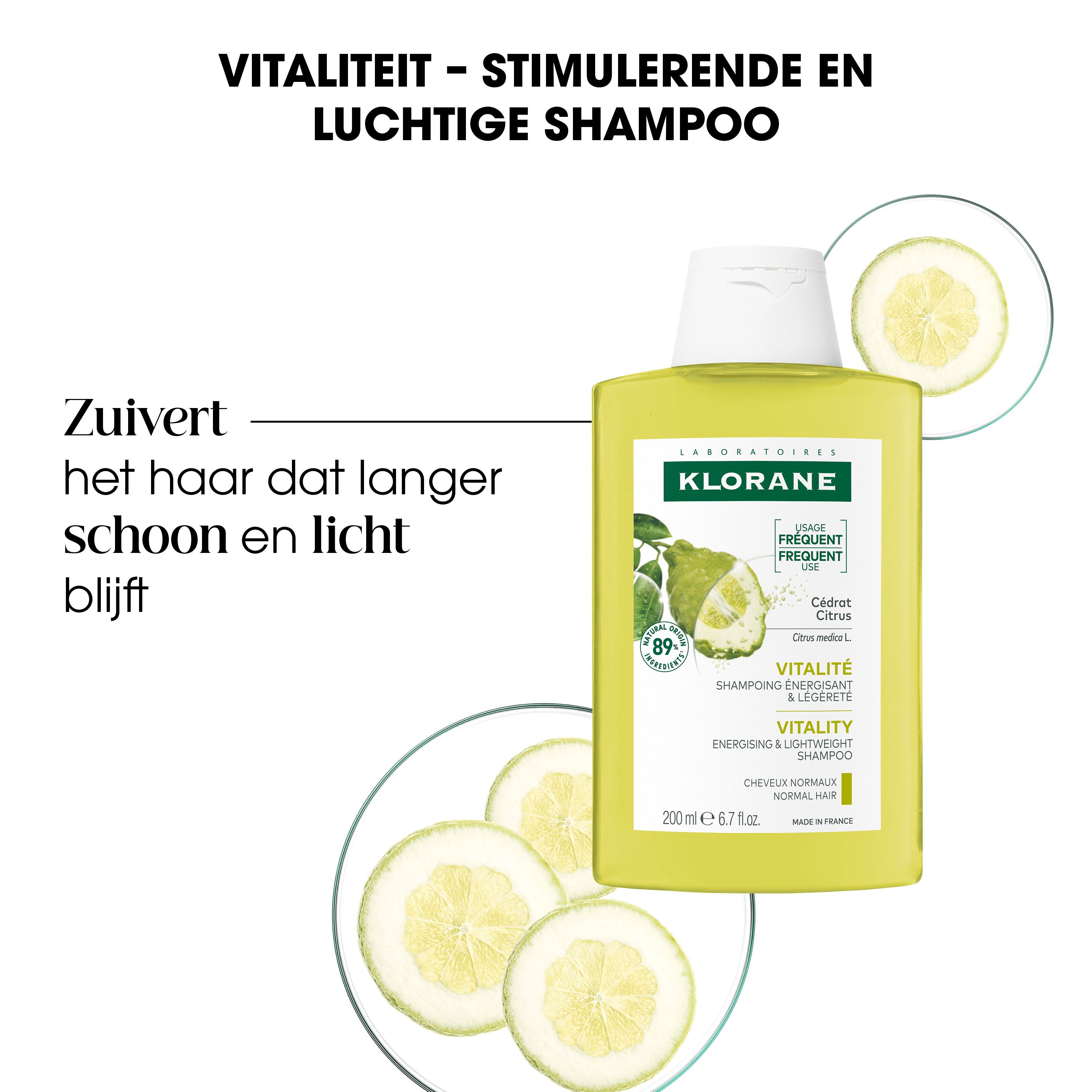 KLORANE shampoo met cedrat. Gele fles met witte dop. 89% natuurlijke ingrediënten.