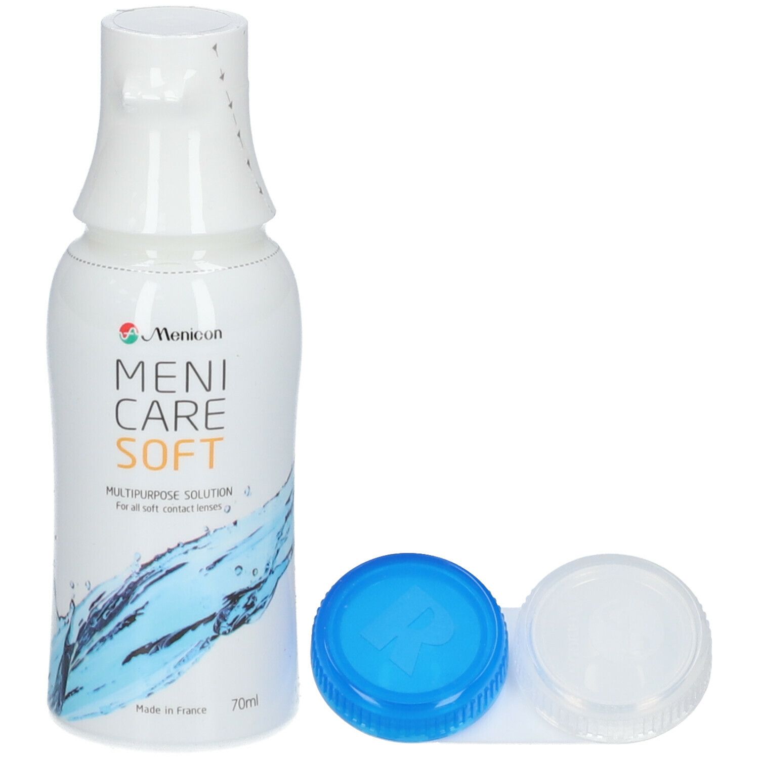 Witte fles Menicare Soft, multifunctionele oplossing. Blauwe en witte lenshouder. Inhoud 70ml.