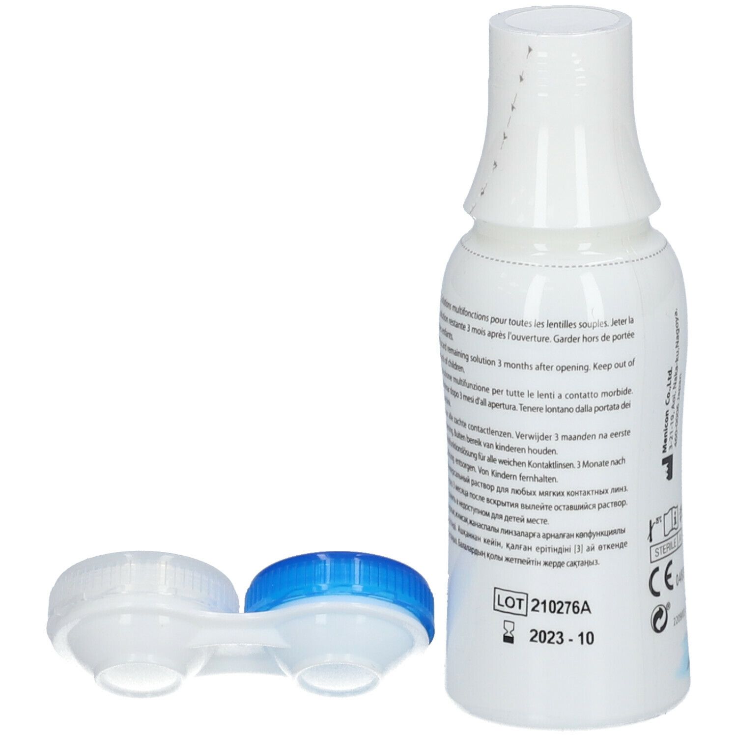 Fles Menicare Soft met lenshouder. Inscriptie en lotnummer. CE-markering.