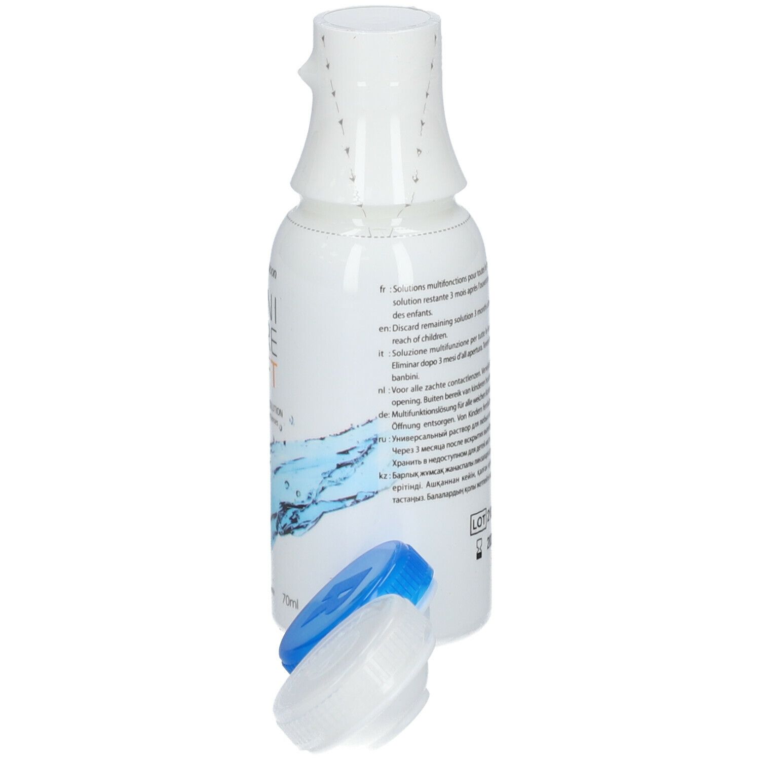 Fles Menicare Soft met lenshouder. Inscriptie en CE-markering.