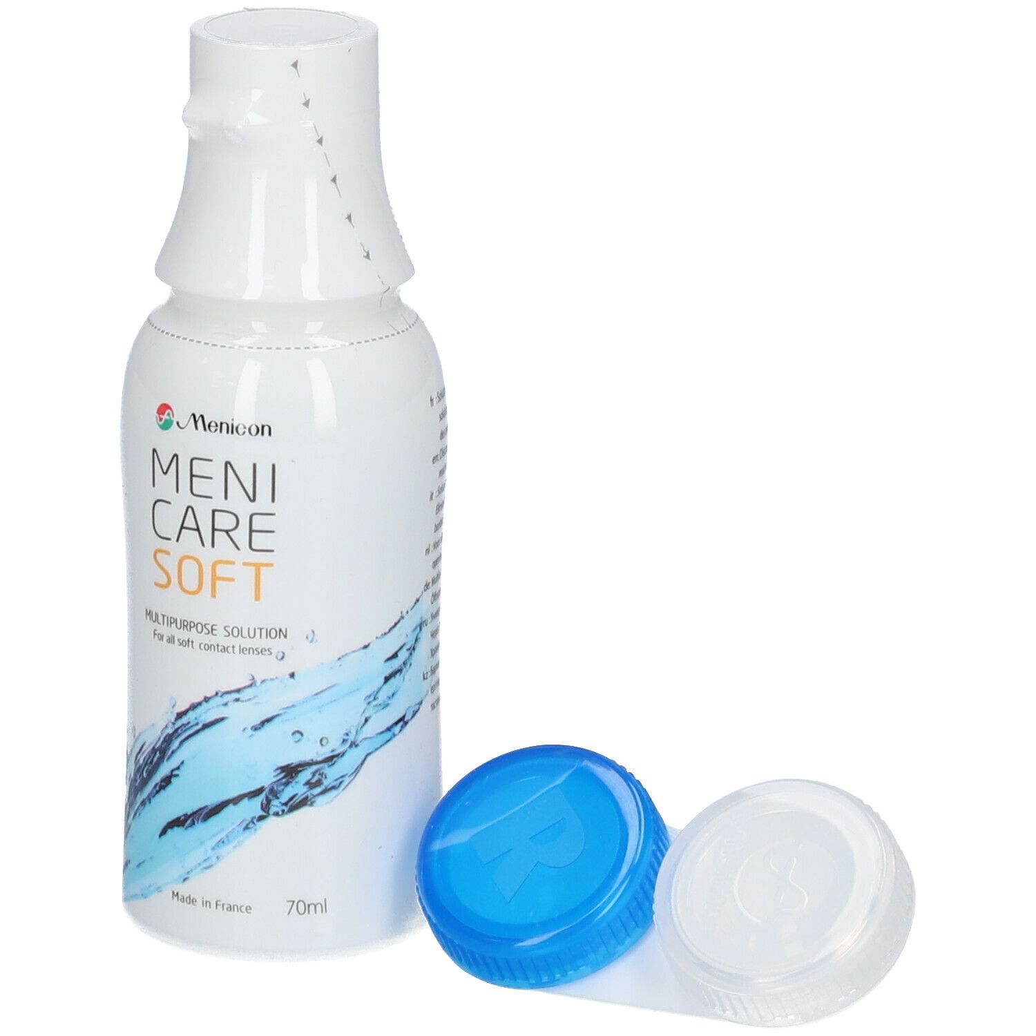 Fles Menicare Soft met lenshouder. Inscriptie en CE-markering. Inhoud 70ml.