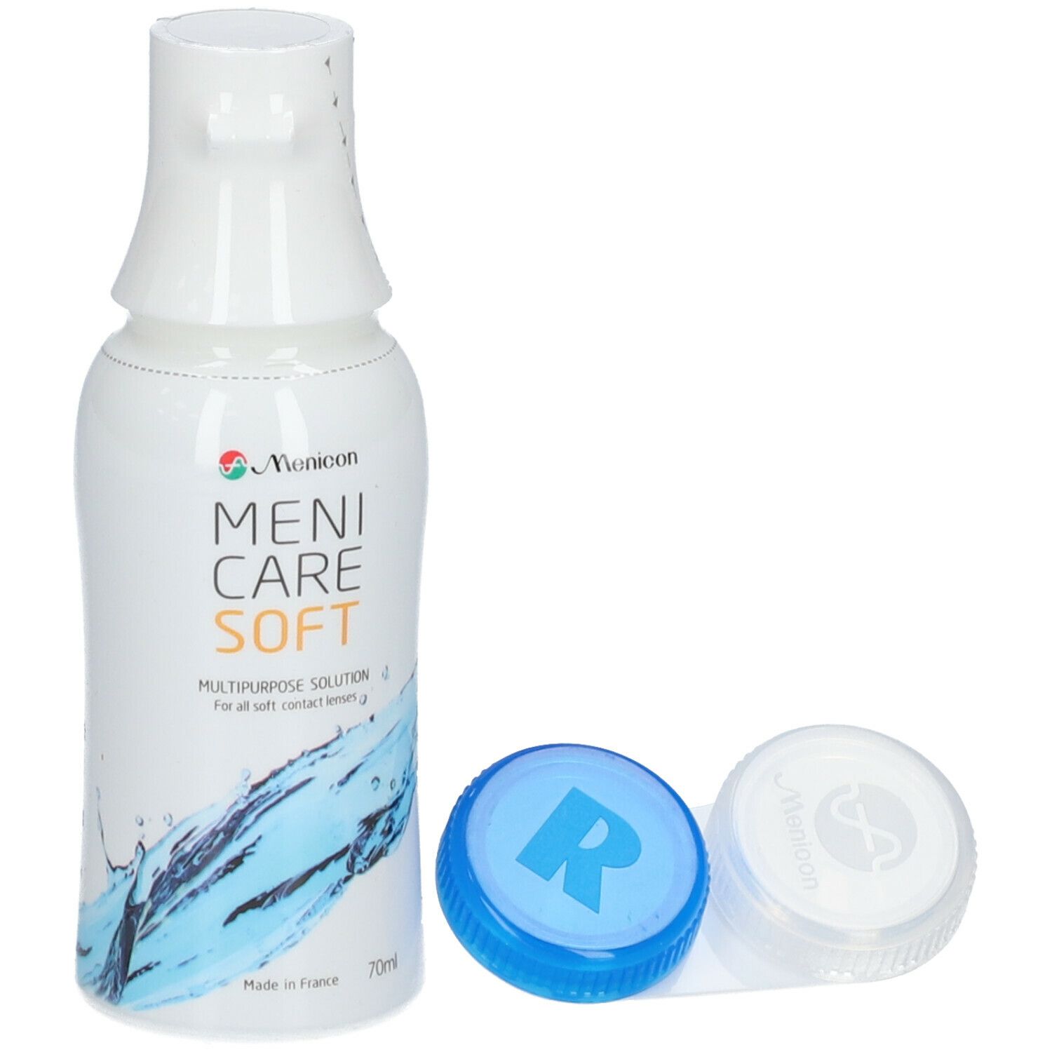 Fles Menicare Soft met lenshouder. Inscriptie en CE-markering. Inhoud 70ml.
