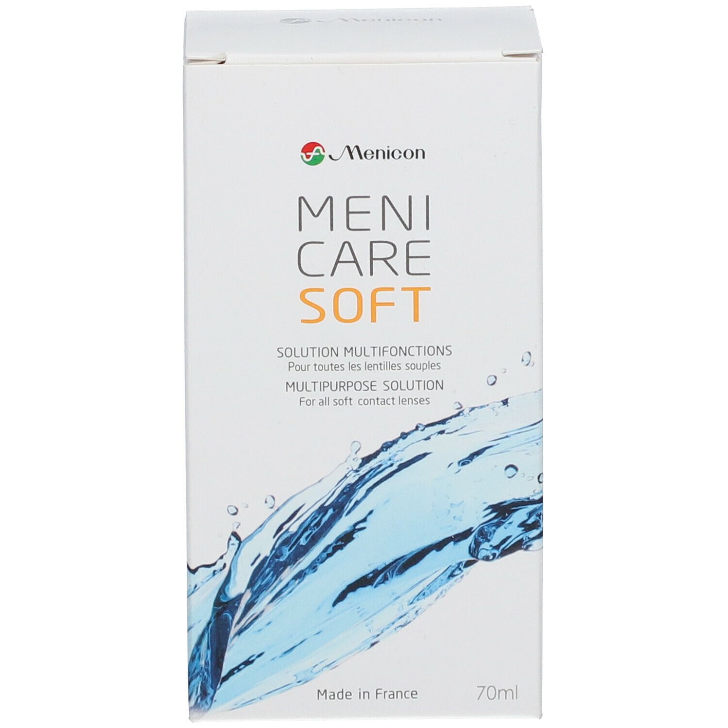 Verpakking Menicare Soft. Inscriptie en CE-markering. 70ml. Oplossing voor zachte contactlenzen.