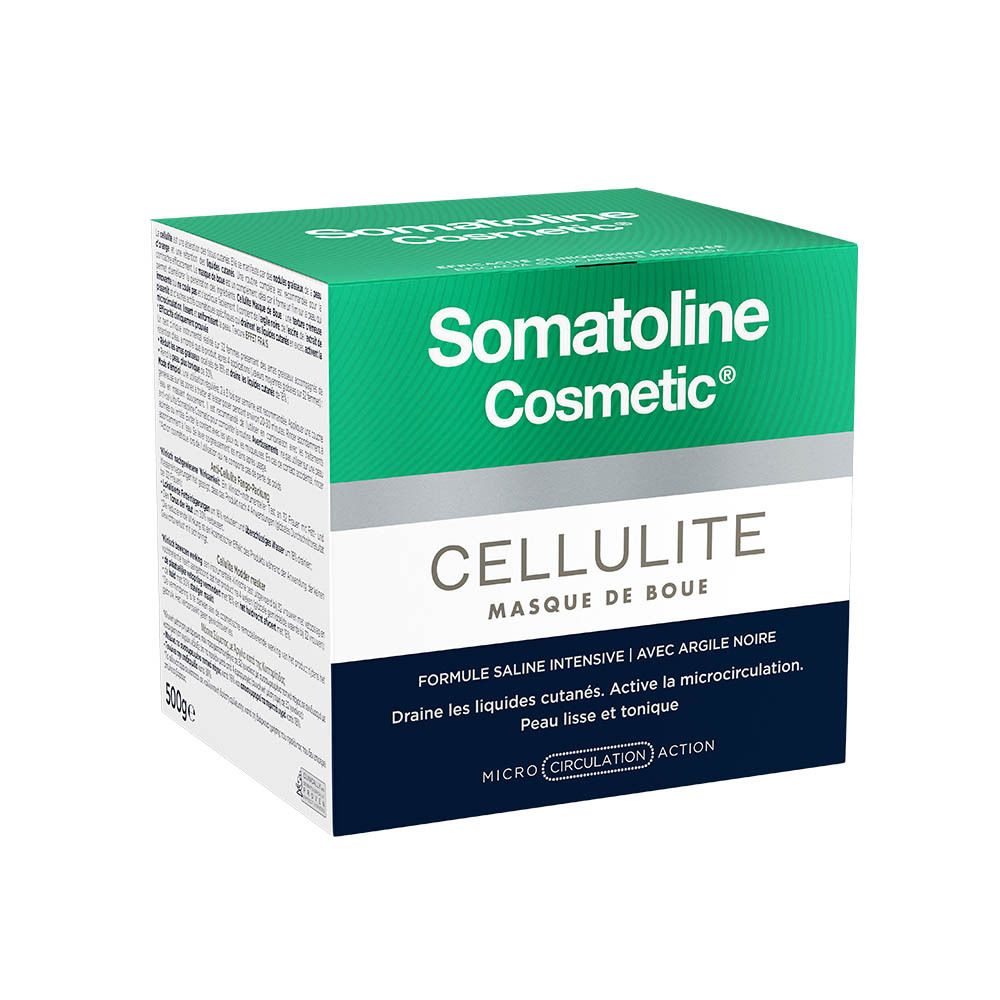 Witte pot met groen deksel. Opschrift CELLULITE MASQUE DE BOUE en Somatoline Cosmetic® op groen veld.