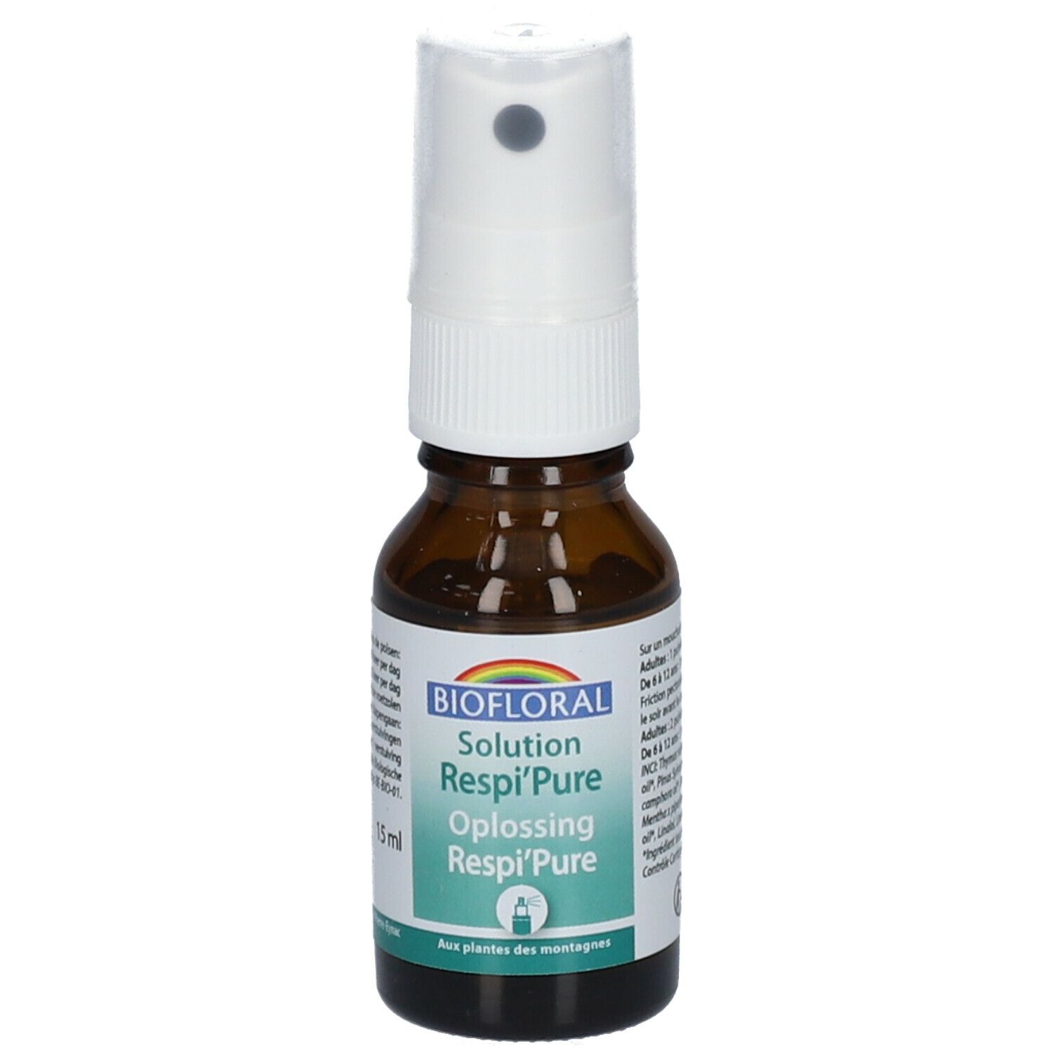 Bruine glazen fles met verstuiver. Etiket met productnaam en merk. Witte verstuiver.