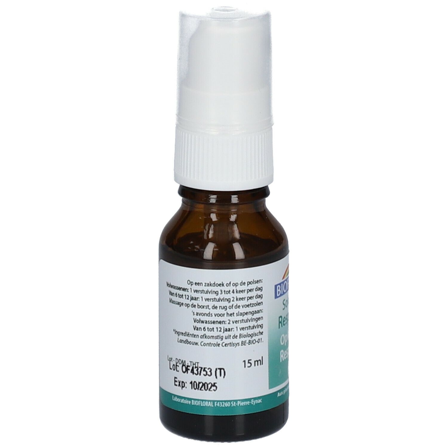 Bruine glazen fles met verstuiver. Etiket met productinformatie. Witte verstuiver.