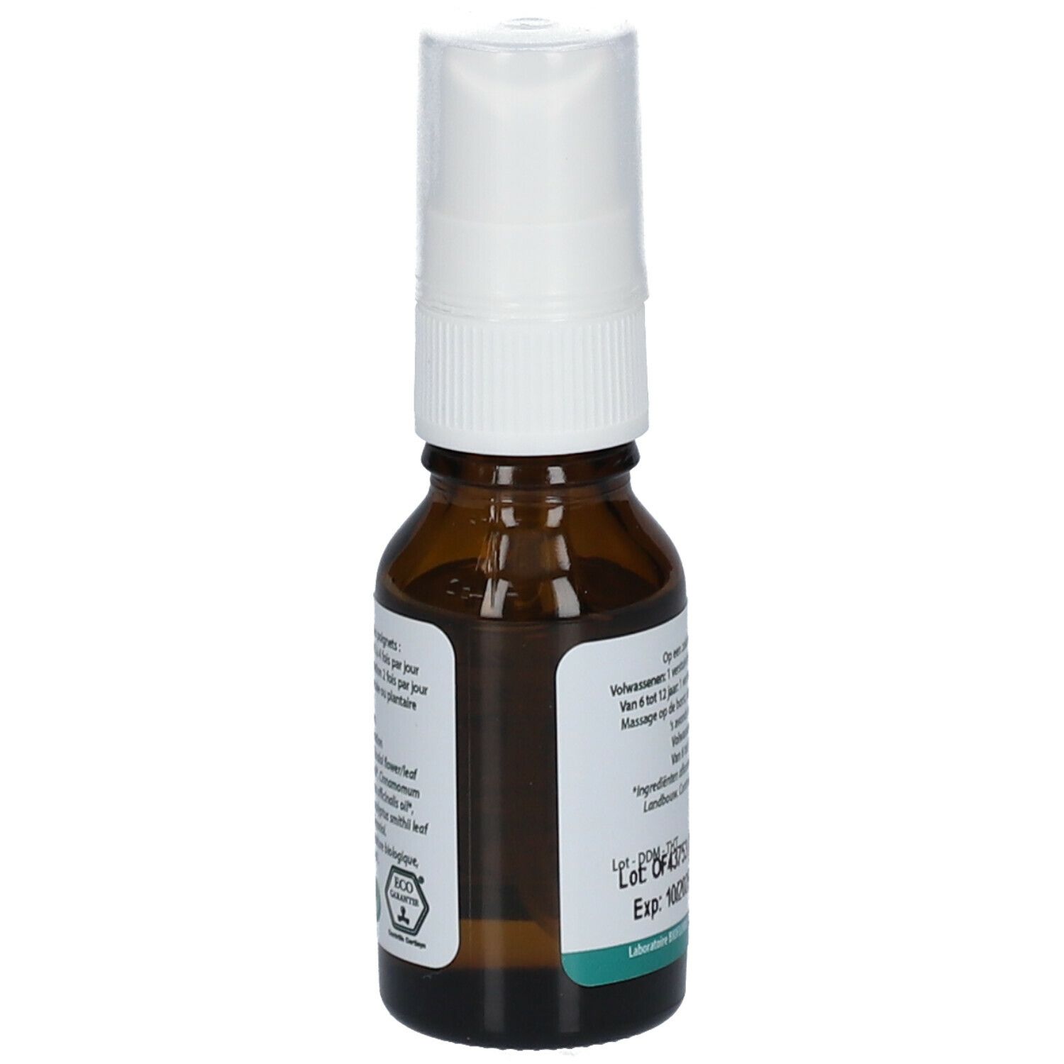 Bruine glazen fles met verstuiver. Etiket met productinformatie. Witte verstuiver.