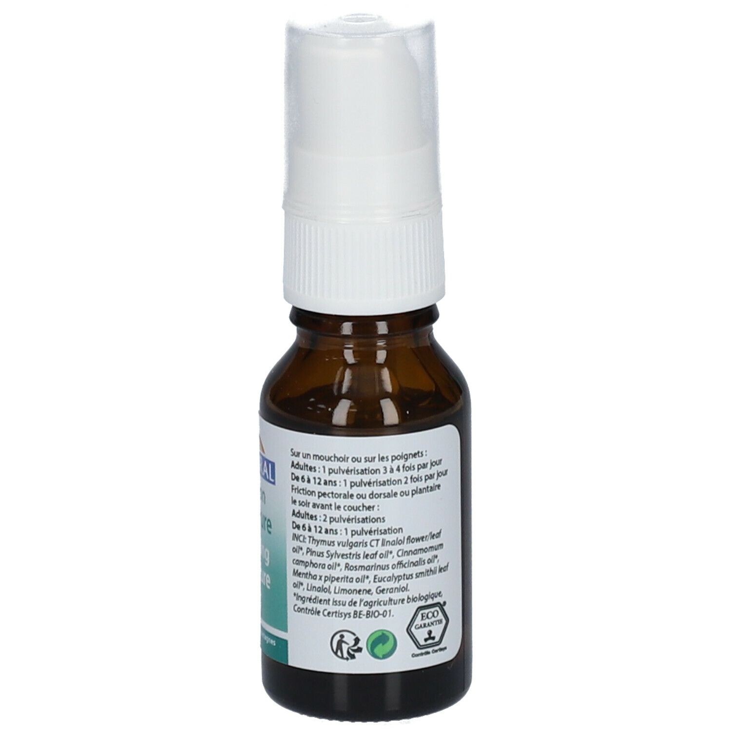 Bruine glazen fles met verstuiver. Etiket met informatie en ingrediënten. Witte verstuiver.
