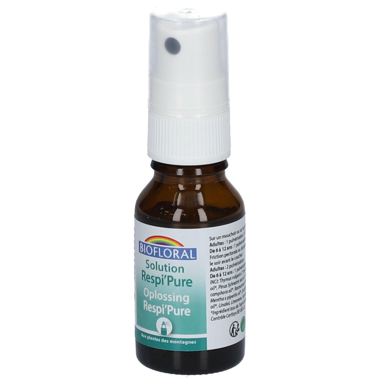 Bruine glazen fles met verstuiver. Etiket met productnaam en merk. Witte verstuiver.