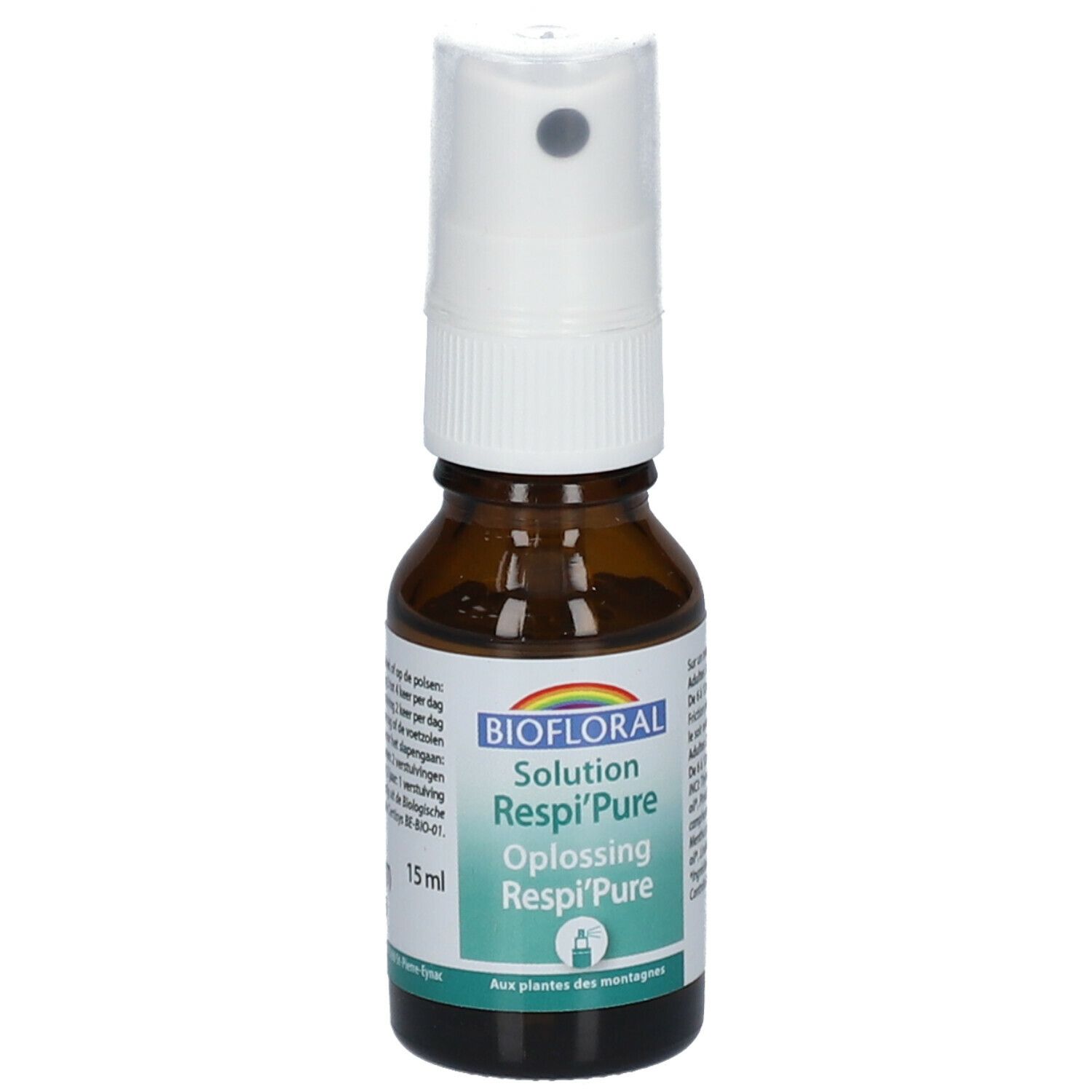 Bruine glazen fles met verstuiver. Etiket met productnaam en merk. Witte verstuiver.