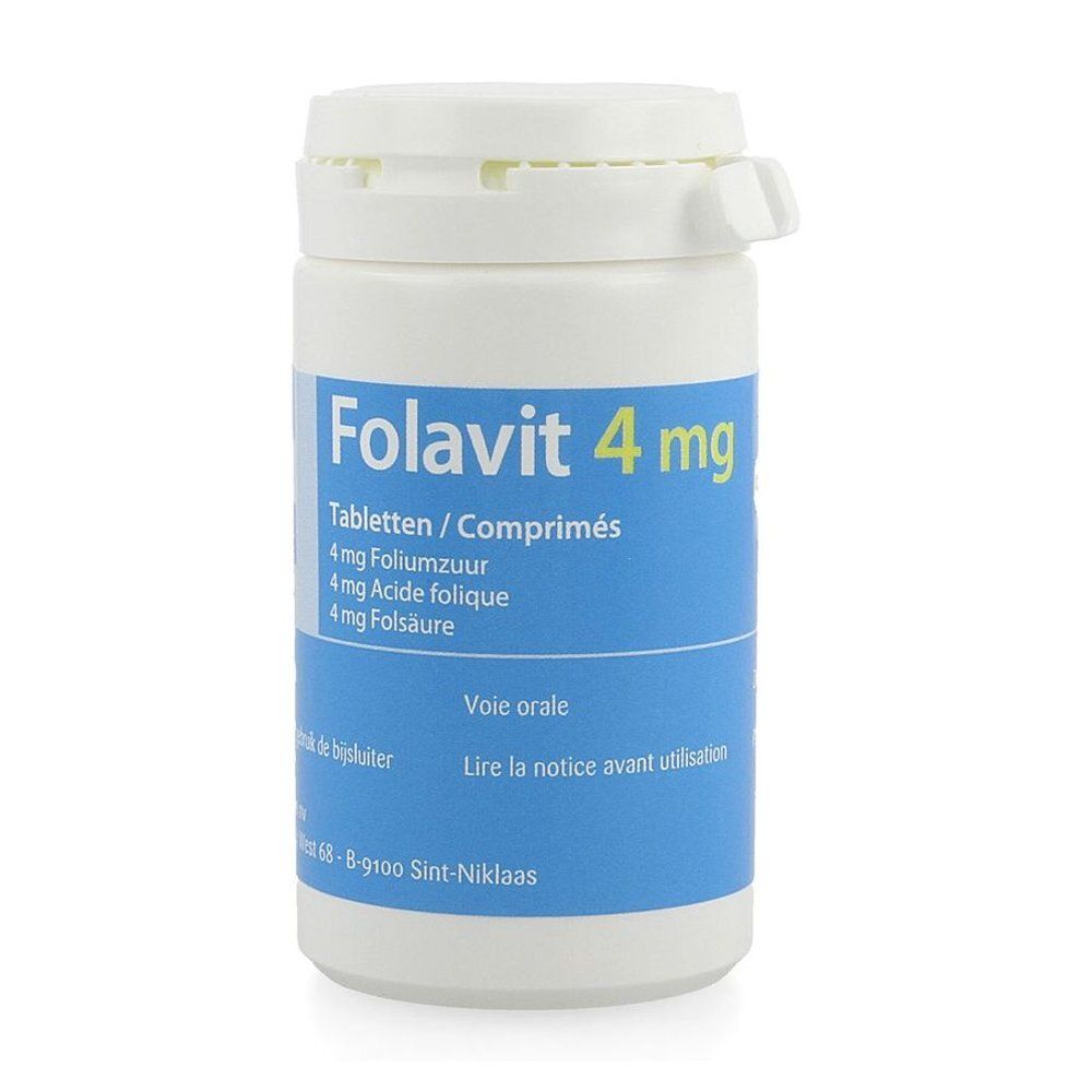 Pot blanc avec étiquette bleue, Folavit 4 mg Tablettes/Comprimés, 4 mg Acide folique.