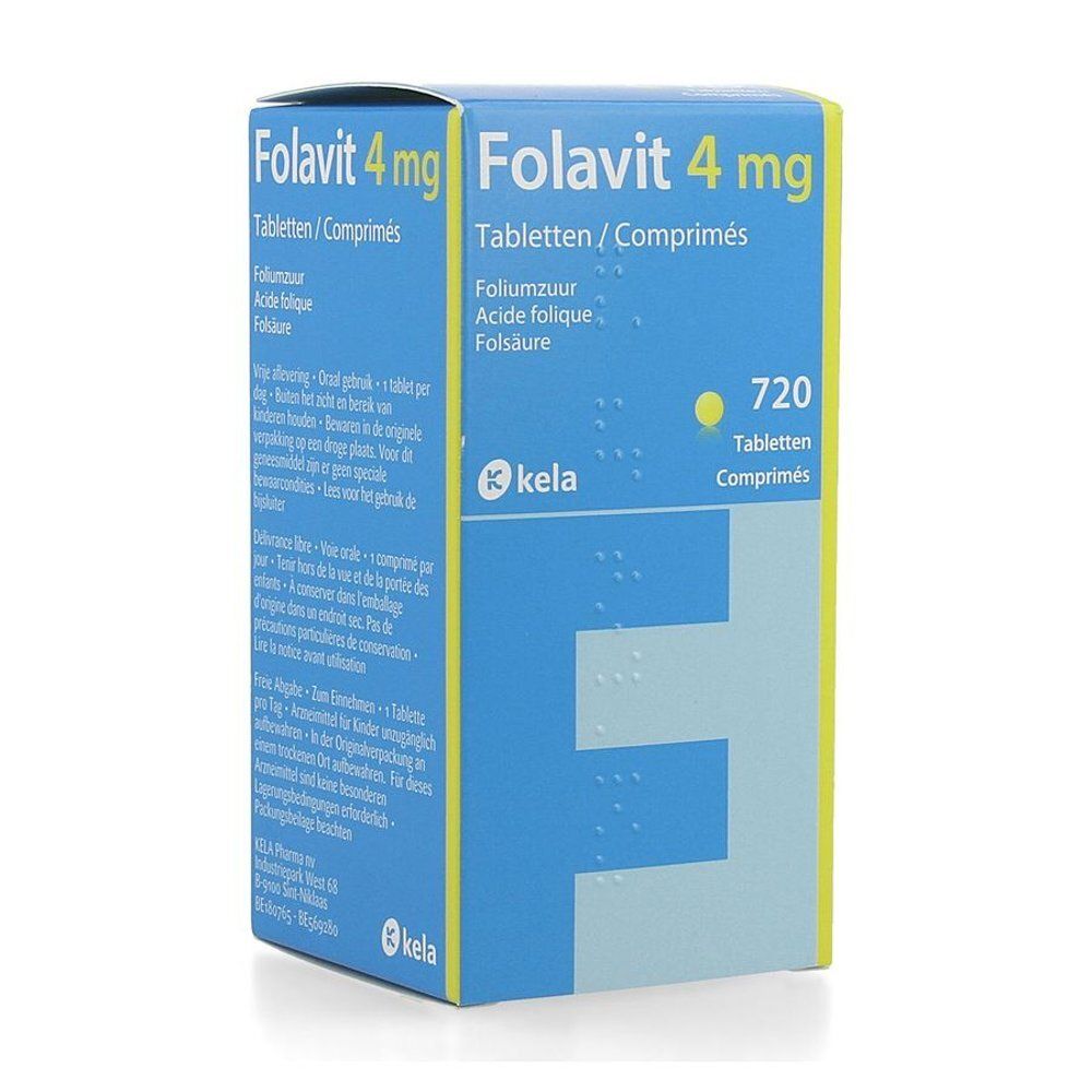 Witte pillenpot met blauw etiket, Folavit 4 mg, 720 Tabletten/Comprimés, Kela.