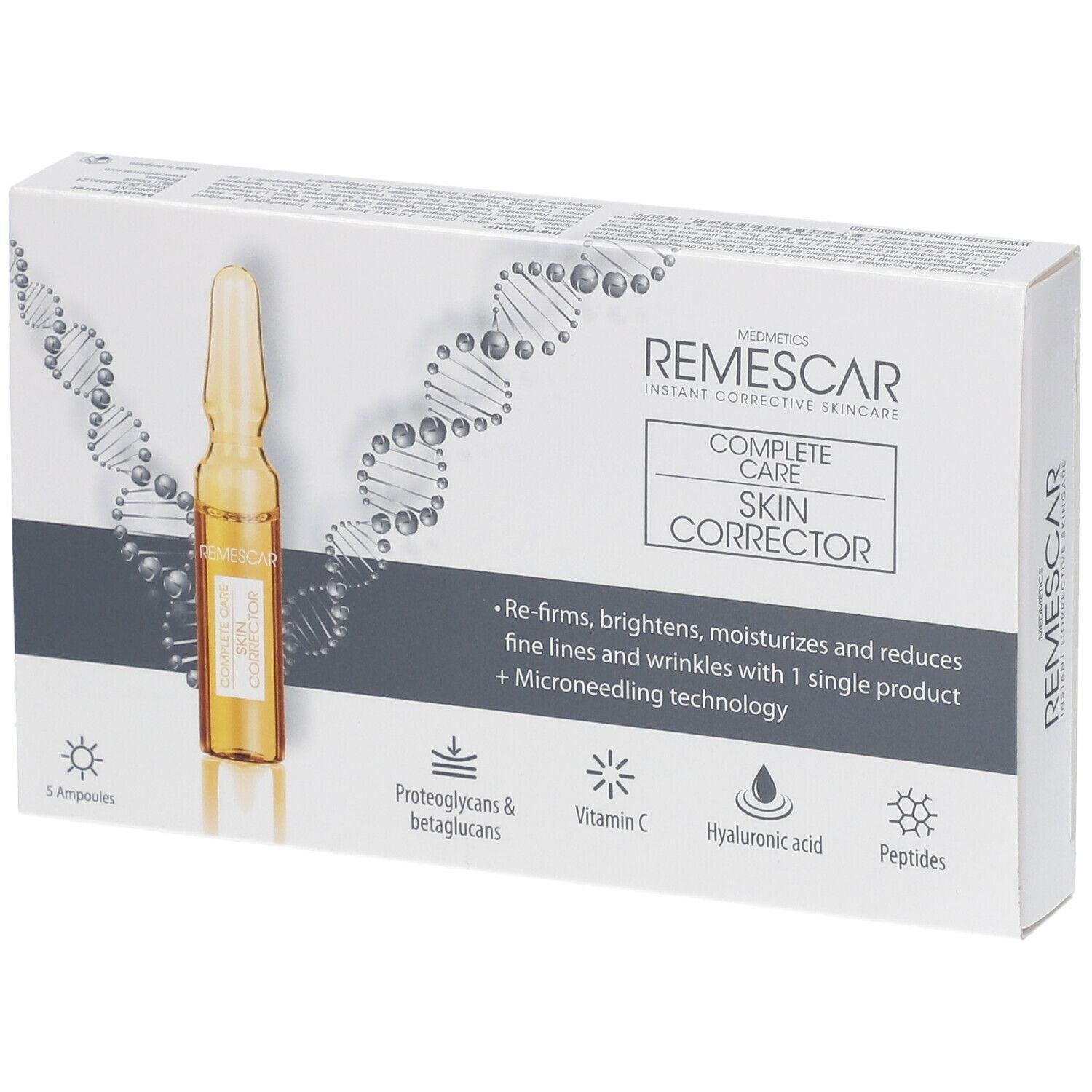 Verpakking van Remescar Complete Care Skin Corrector met ampul. Bevat 5 ampullen.