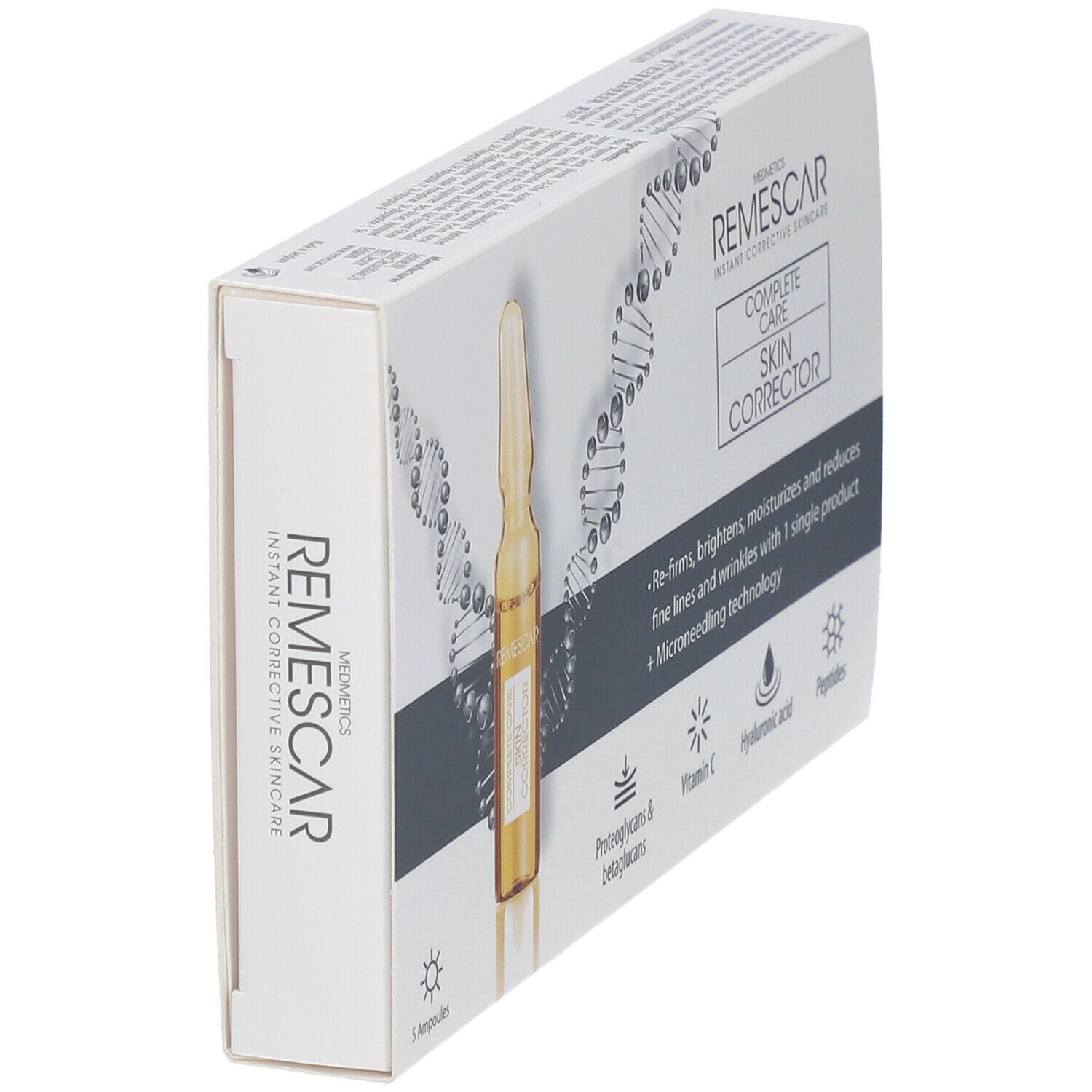 Schuine weergave van de verpakking van Remescar Complete Care Skin Corrector met ampul.