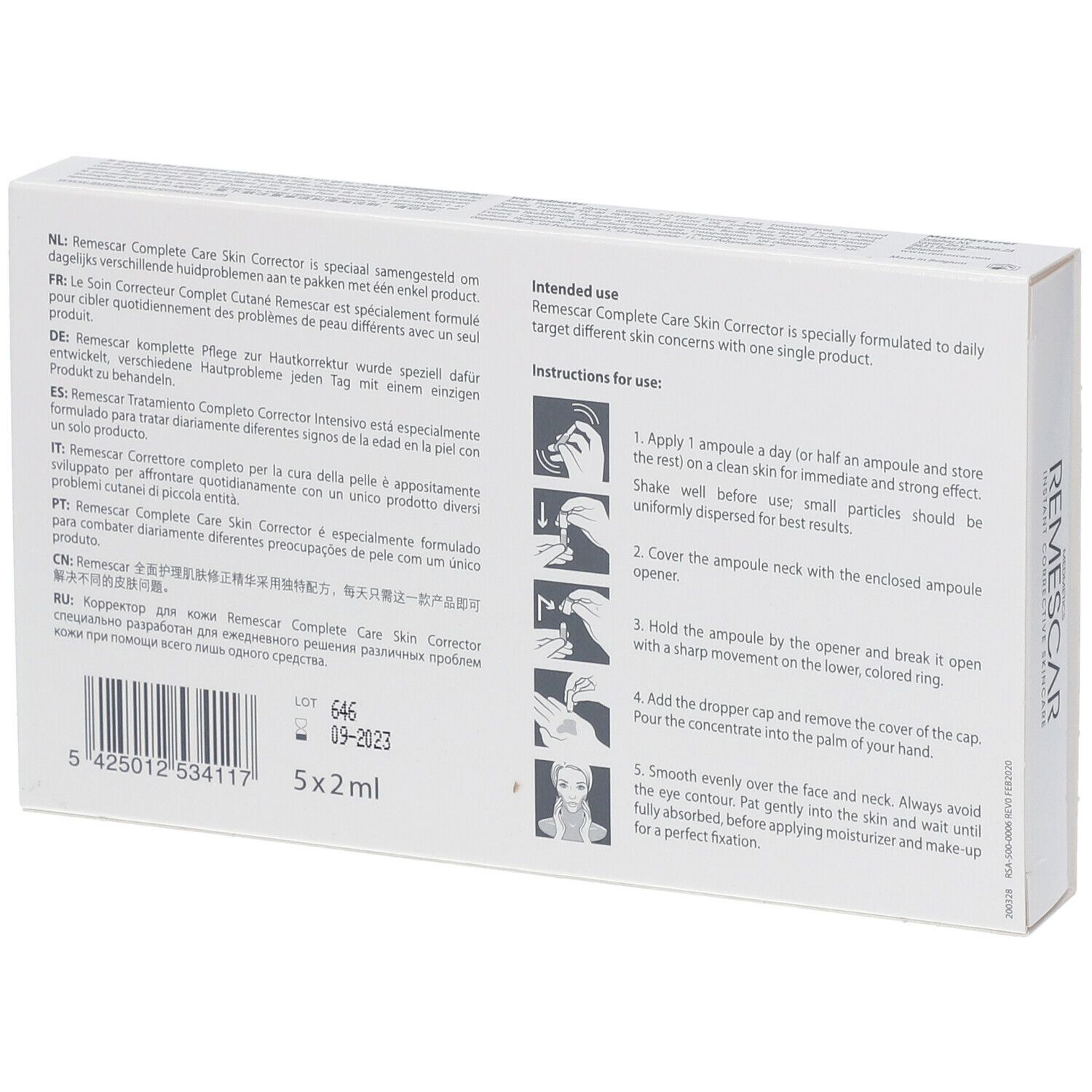 Achterkant van de verpakking van Remescar Complete Care Skin Corrector. Bevat instructies.