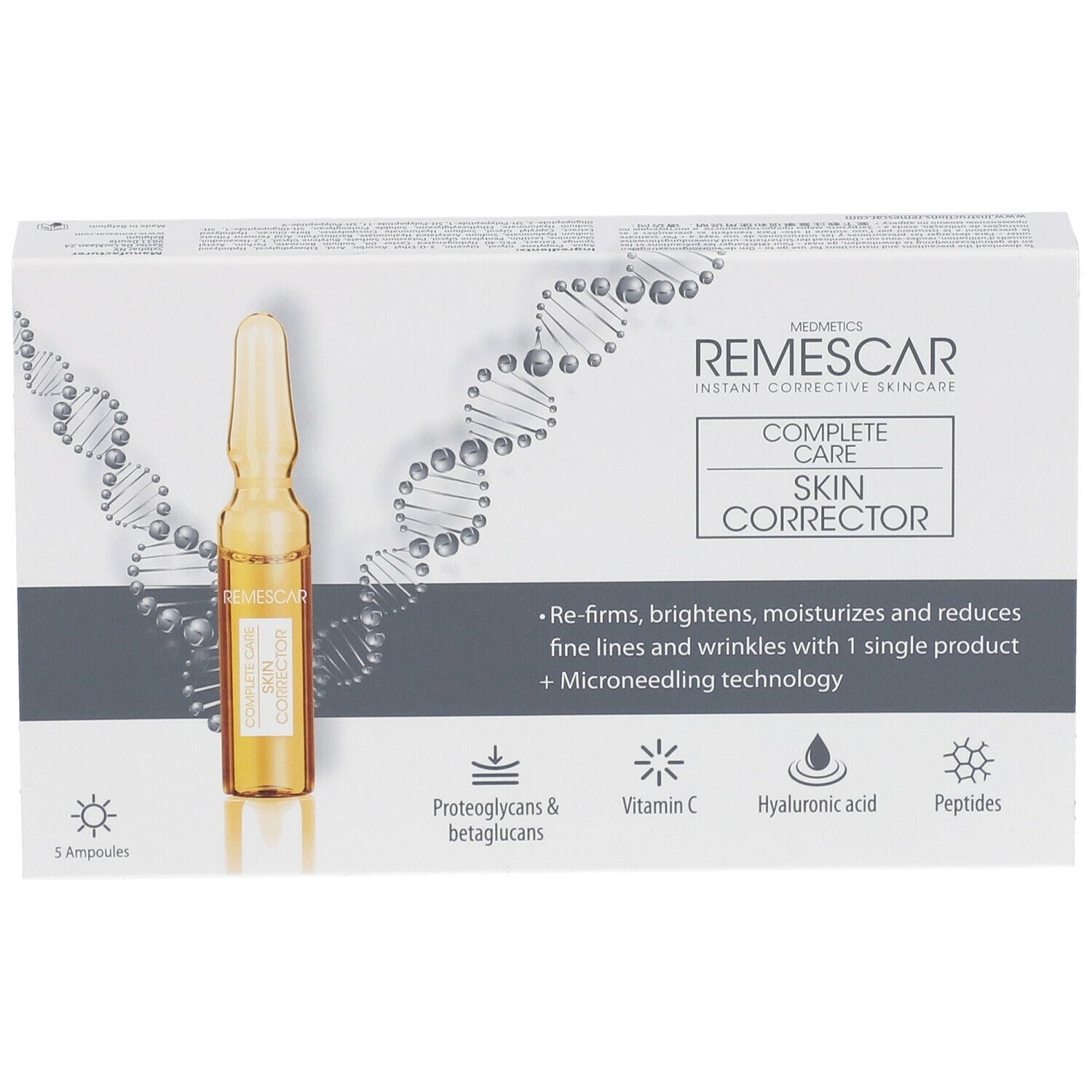 Verpakking van Remescar Complete Care Skin Corrector met ampul. Bevat 5 ampullen.