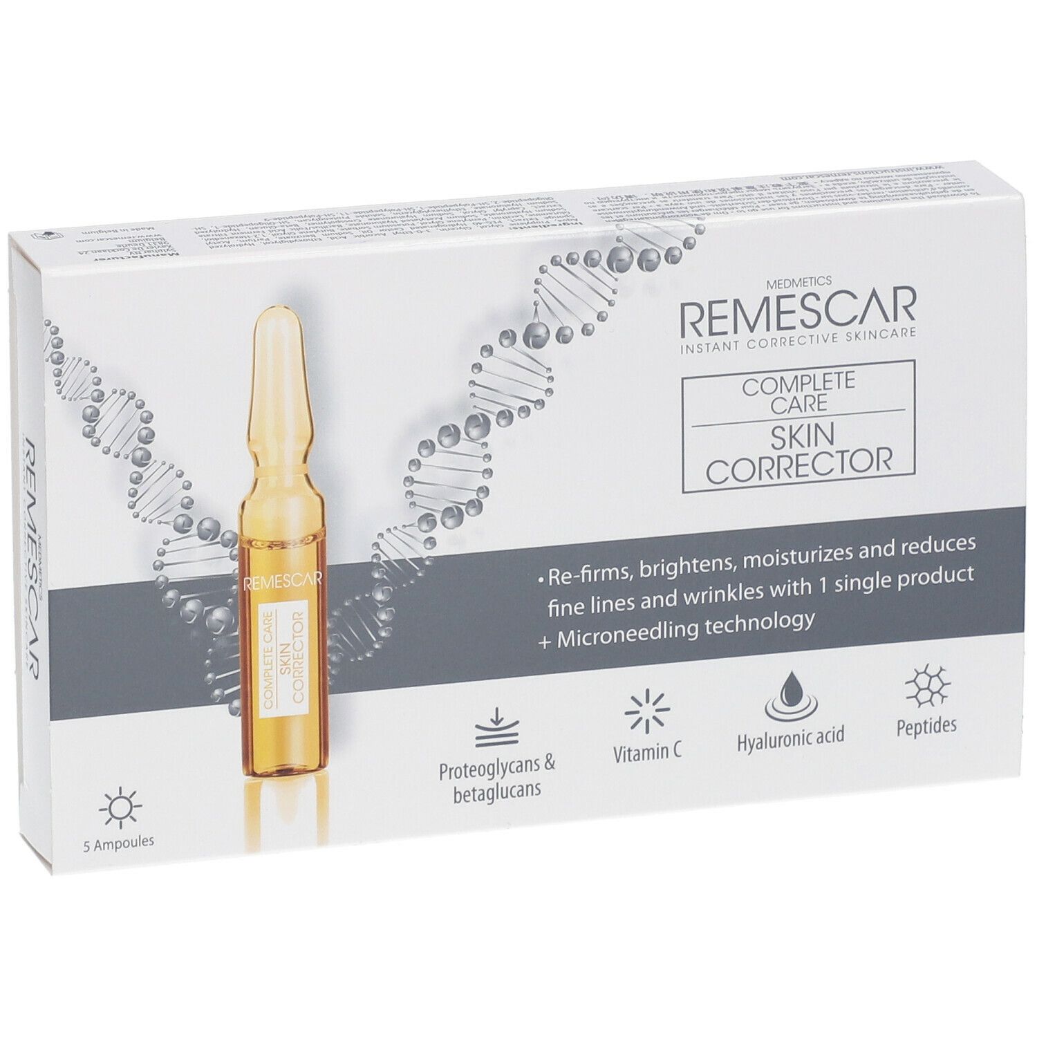 Verpakking van Remescar Complete Care Skin Corrector met ampul. Bevat 5 ampullen.