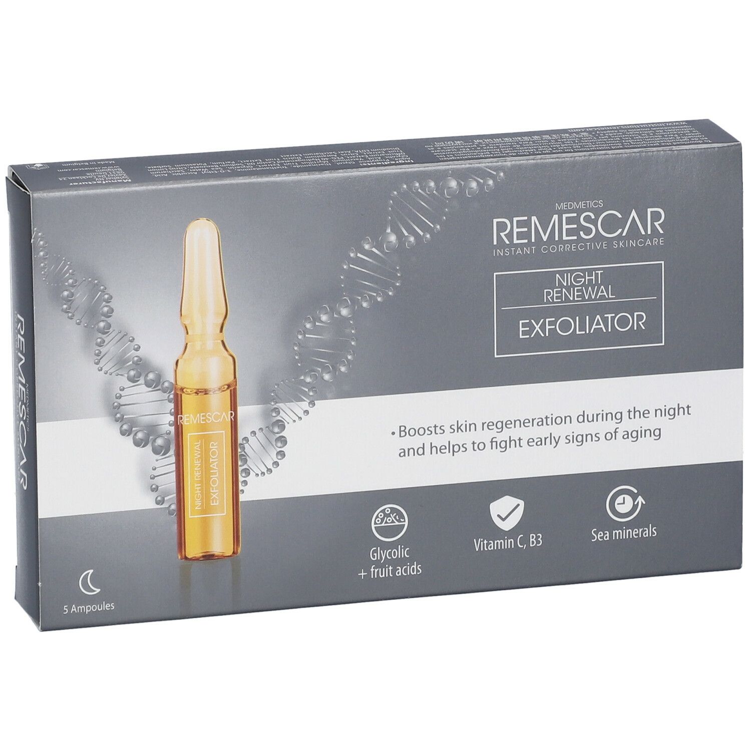 Doosje REMESCAR Night Renewal Exfoliator met 5 ampullen. Bevat glycolzuur, vitamine C, B3 en zeemineralen. Verpakking met ampul.