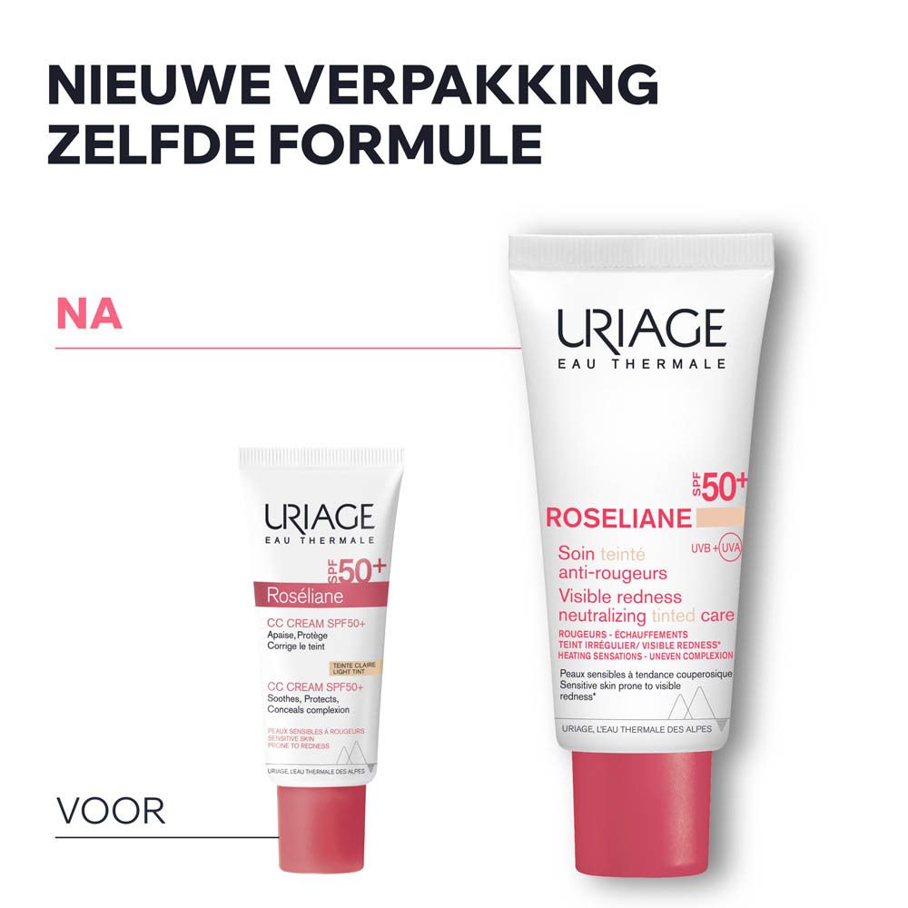 Uriage Roséliane CC Cream SPF50+ tube. Wit, met tekst en logo.