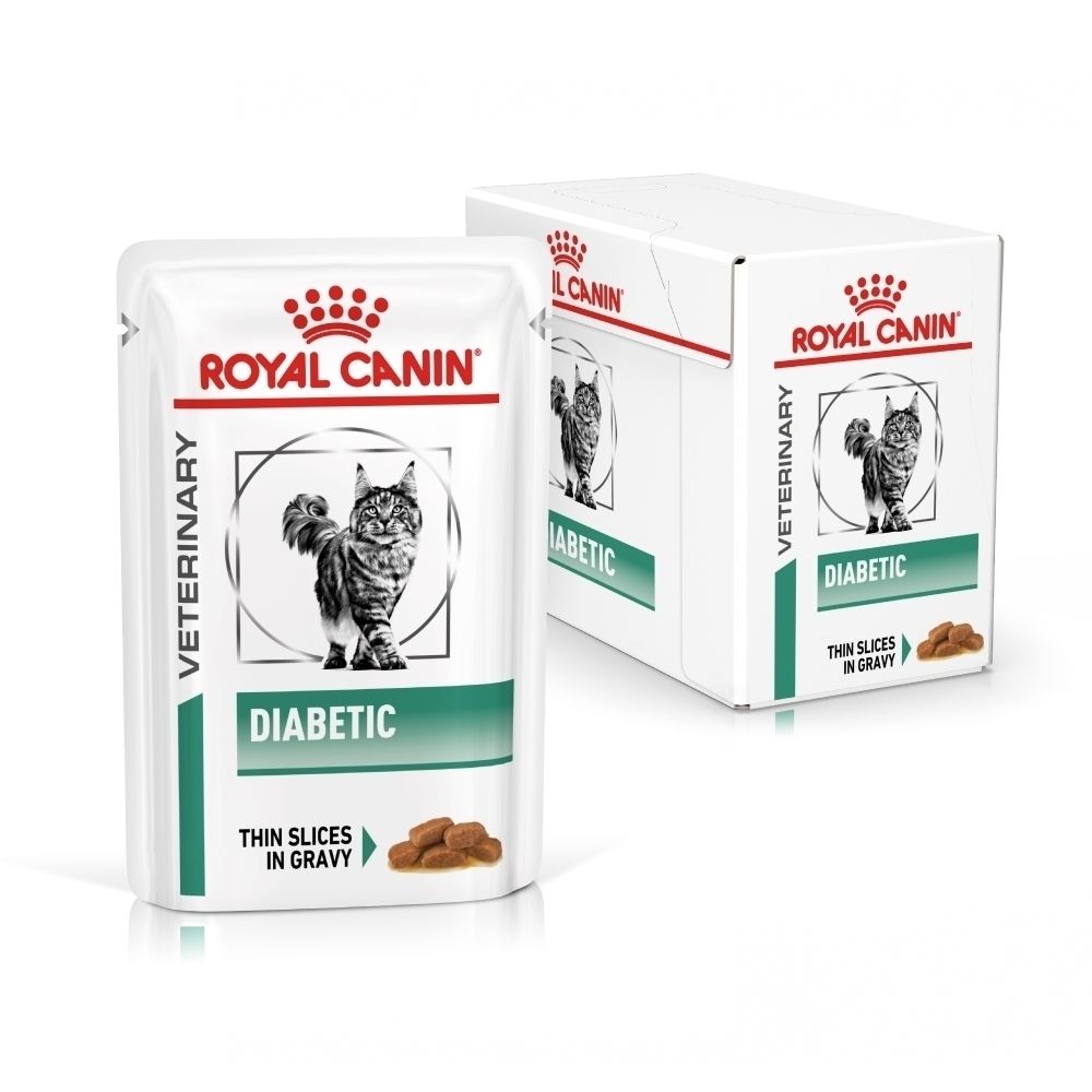 Een zakje en een doos Royal Canin Veterinary Diabetic kattenvoer.